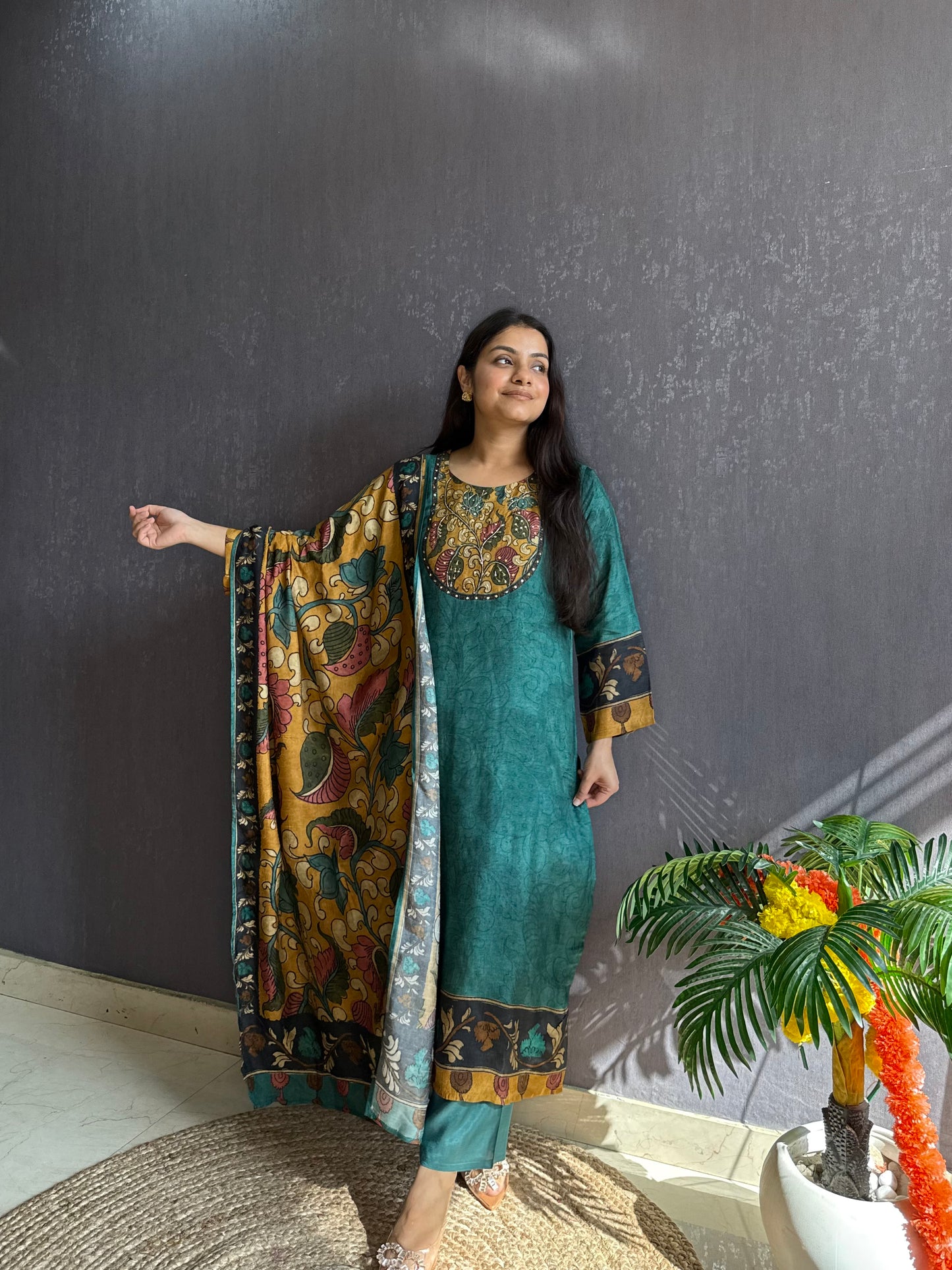 Tussar kalamkari lotus suit set