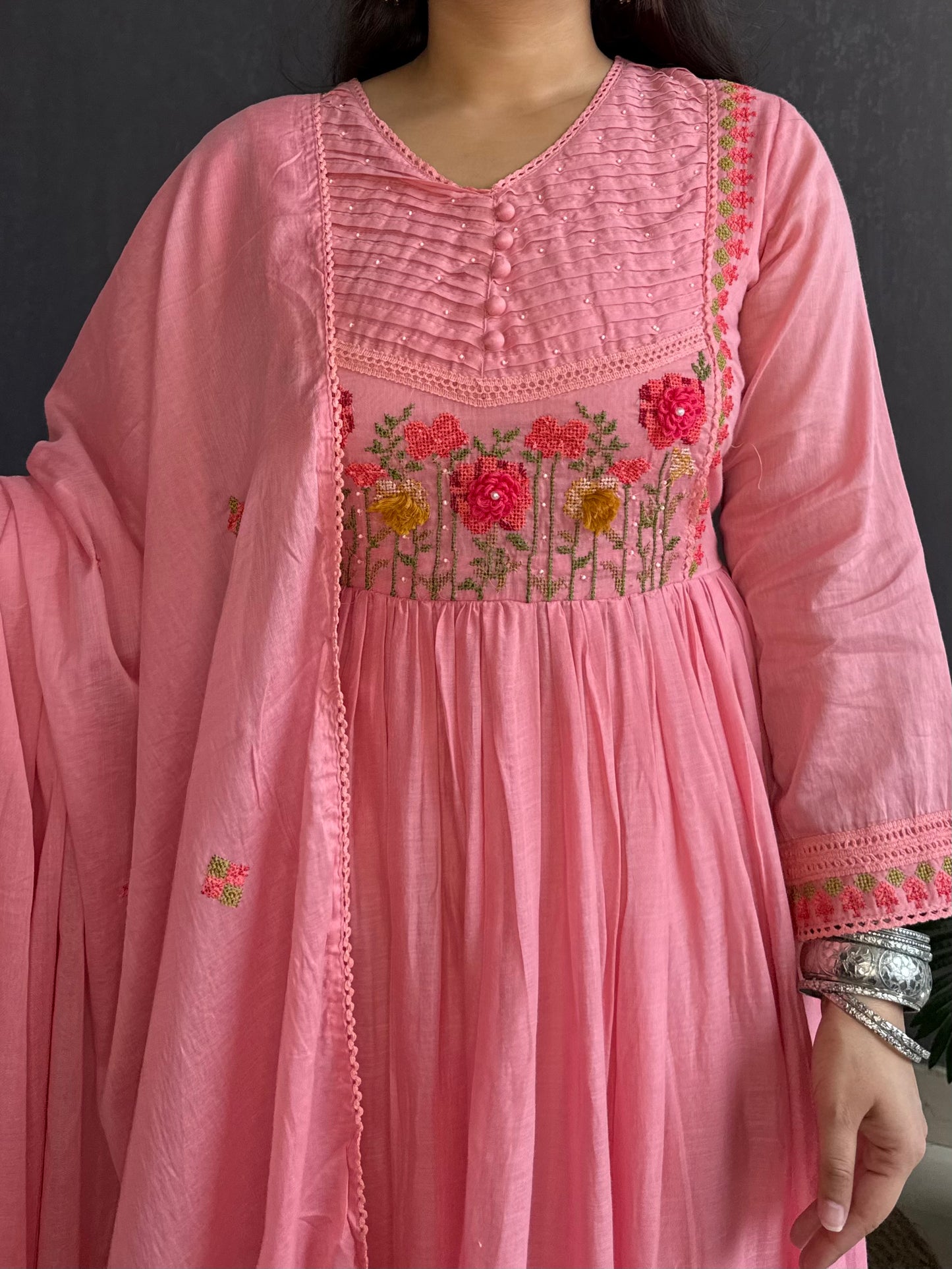 Mal cotton roses embroidered french knot Anarkali