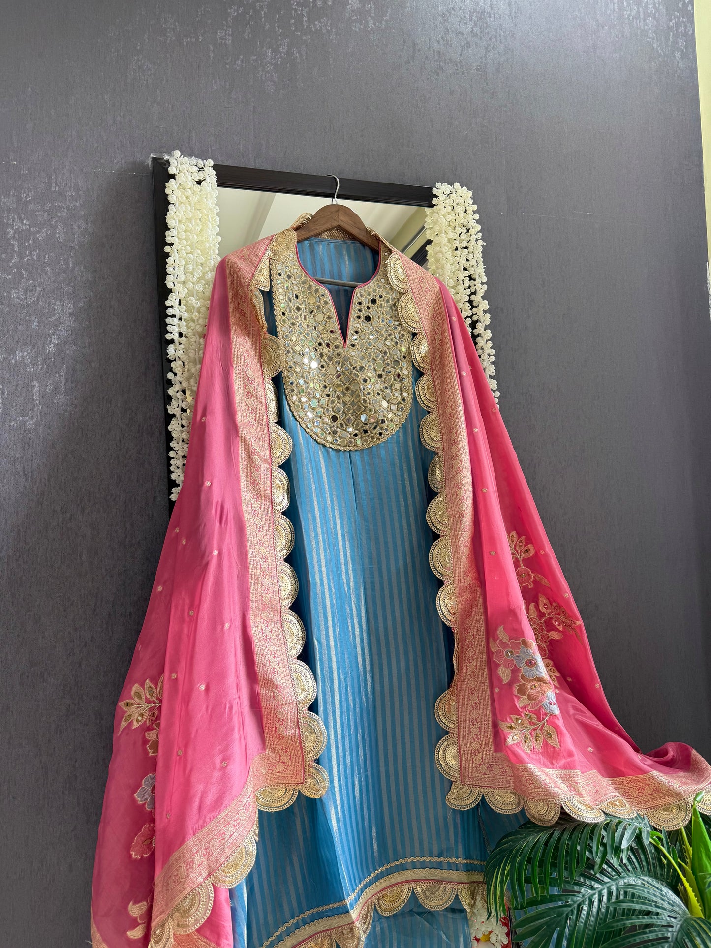 Premium Mirror work tissue benarsi suit