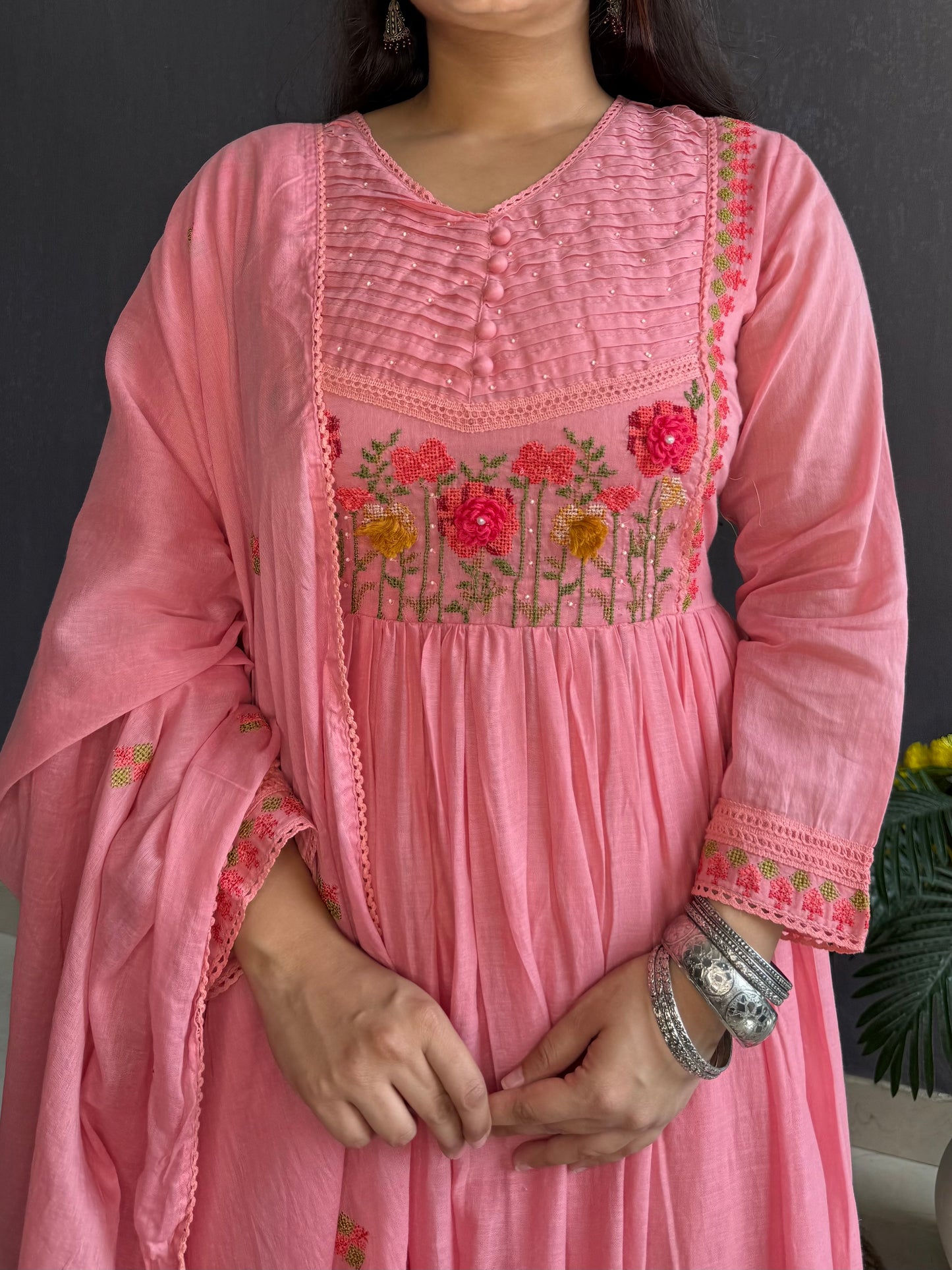 Mal cotton roses embroidered french knot Anarkali