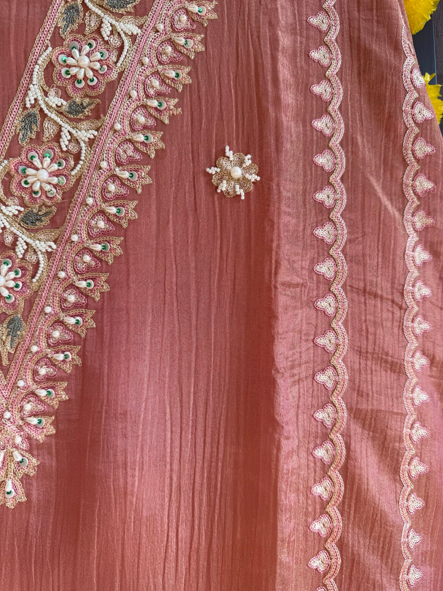 Crush tissue kashmiri aari work suit