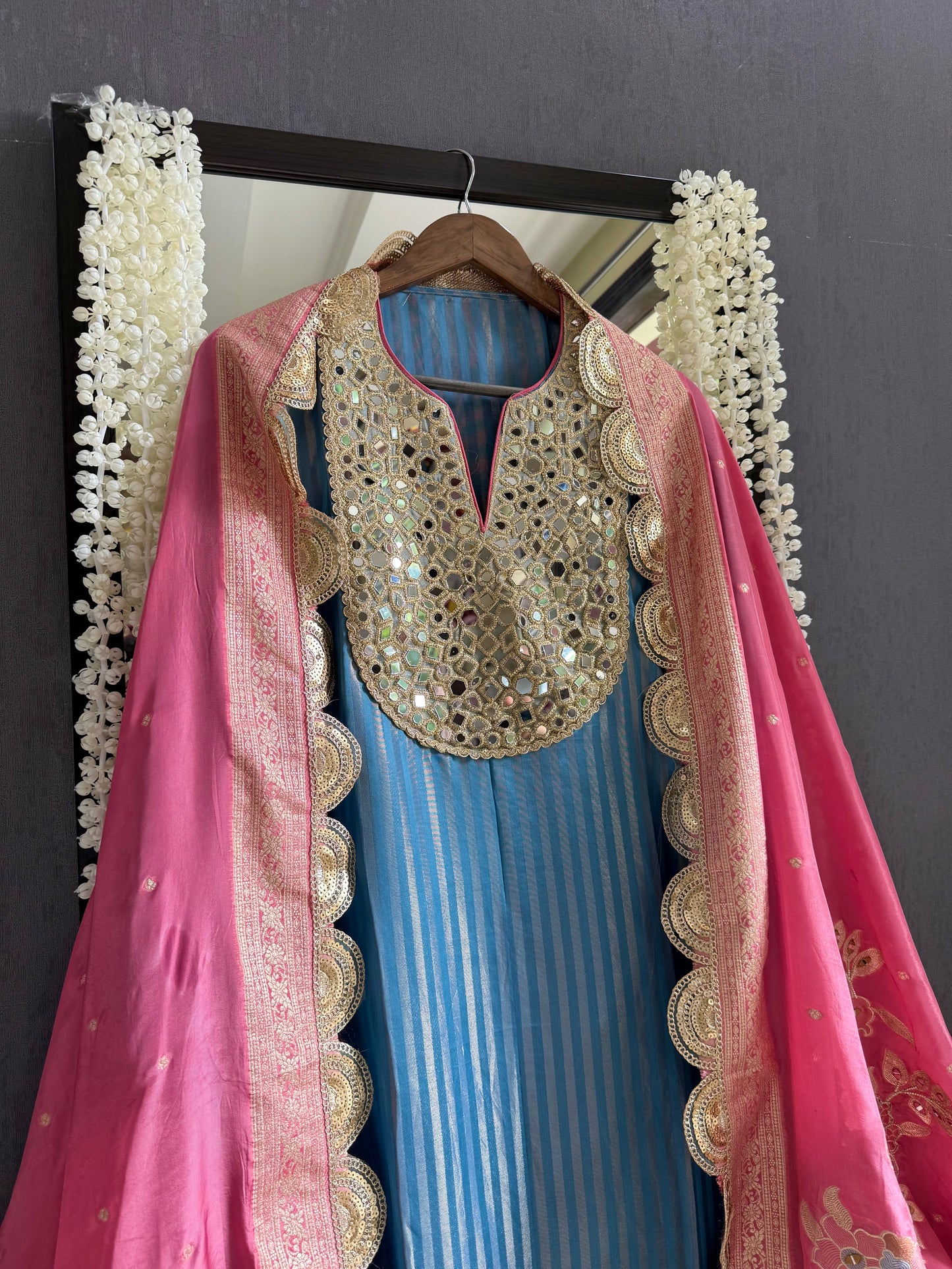 Premium Mirror work tissue benarsi suit