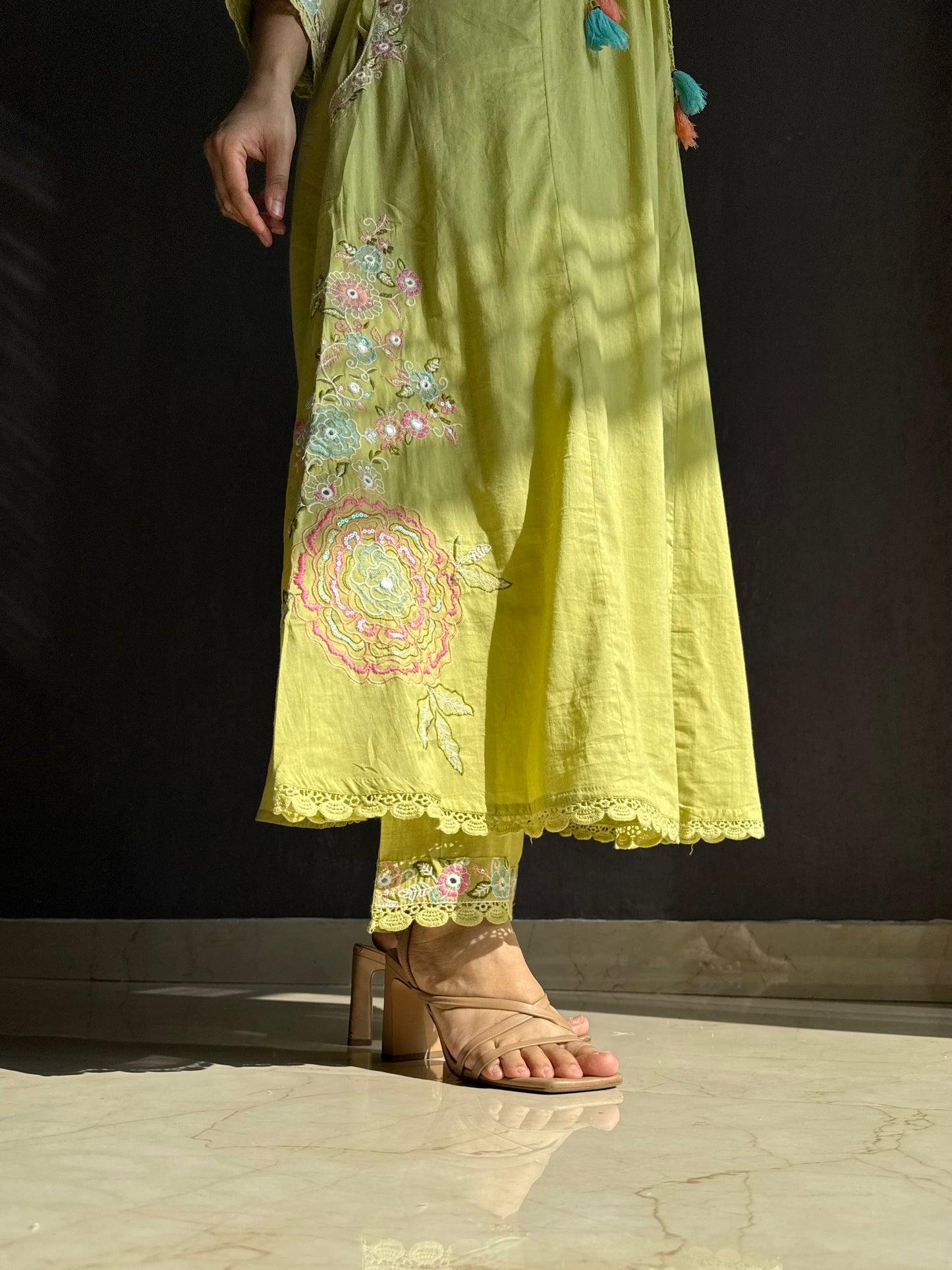 Premium mul cotton embroidered handwork Aline suit