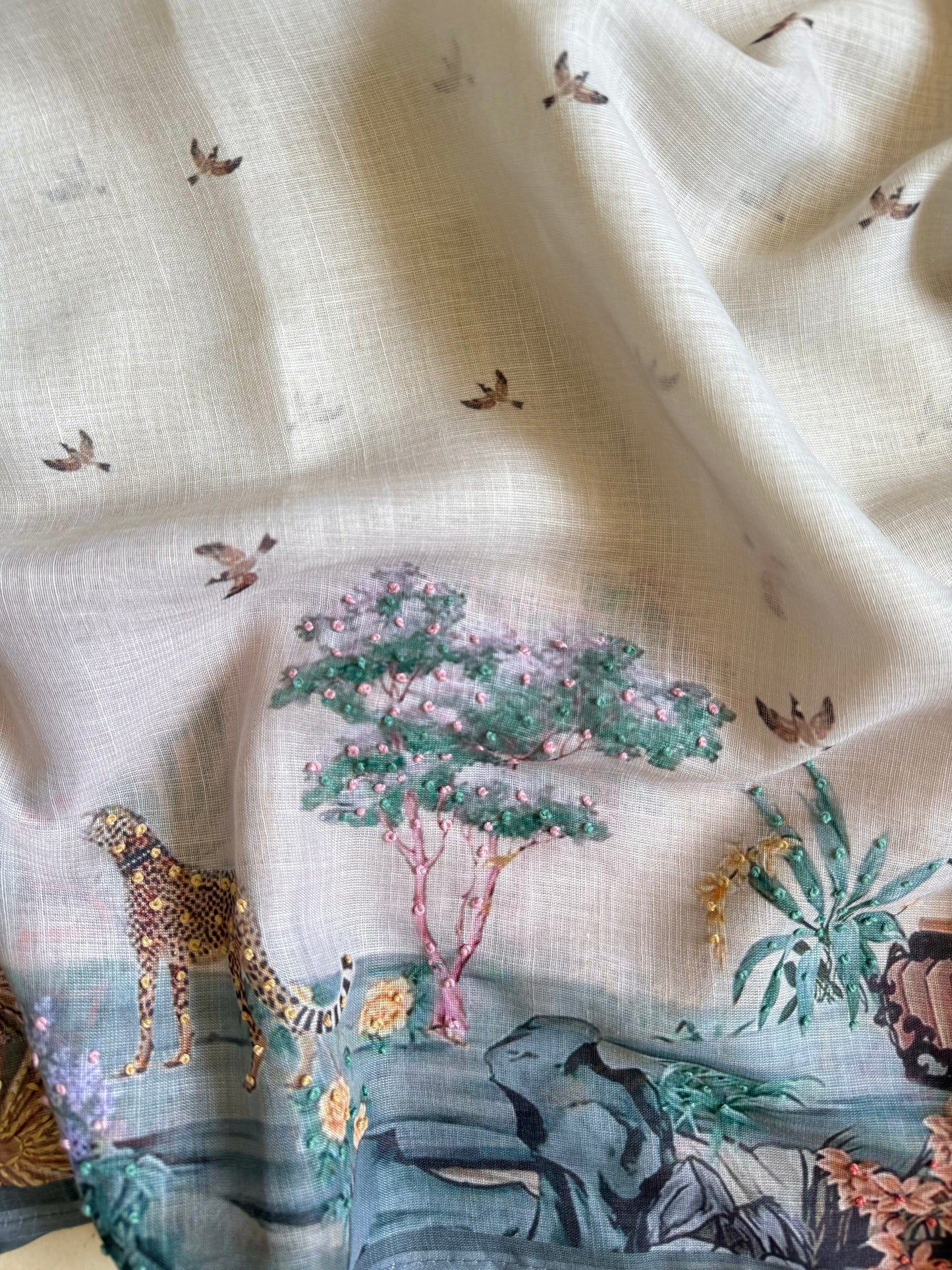 Pure linen frenchknot kantha work suit