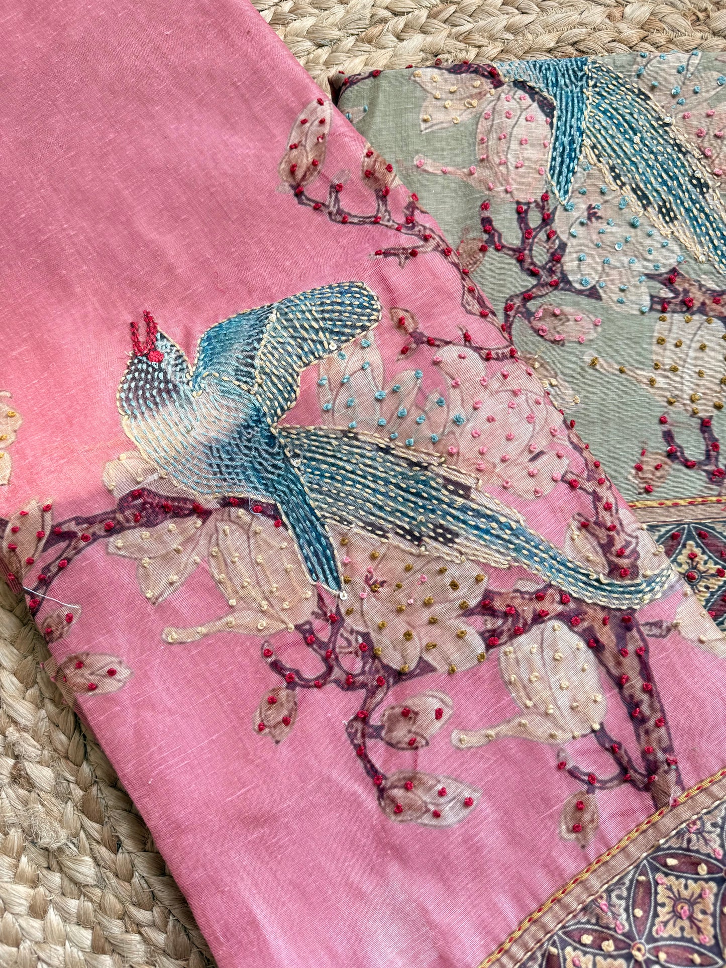 Pure linen swans frenchknot kantha work suit