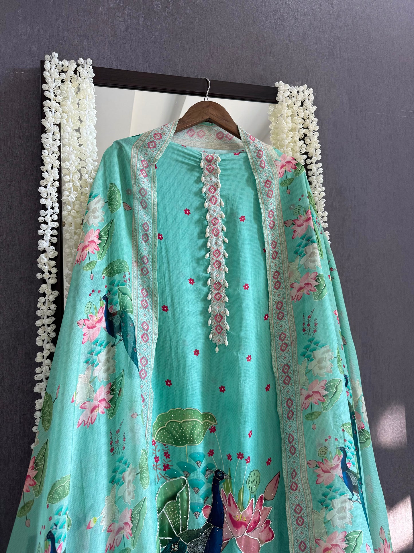 Soft silk peacock hand work suit