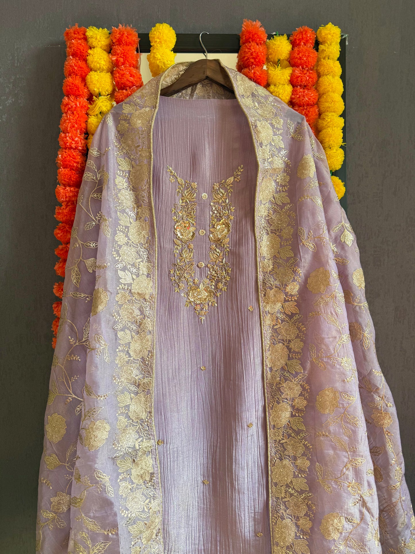 Luxurious crush tissue zardozi embroidered suit