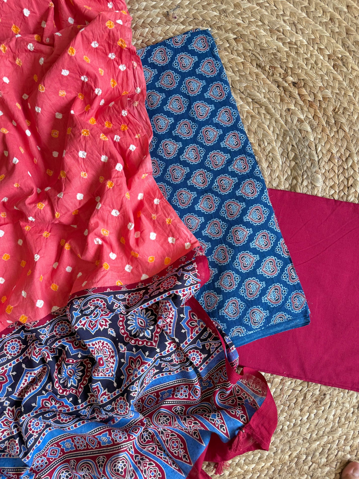 Pure cotton ajrakh bandhani suits