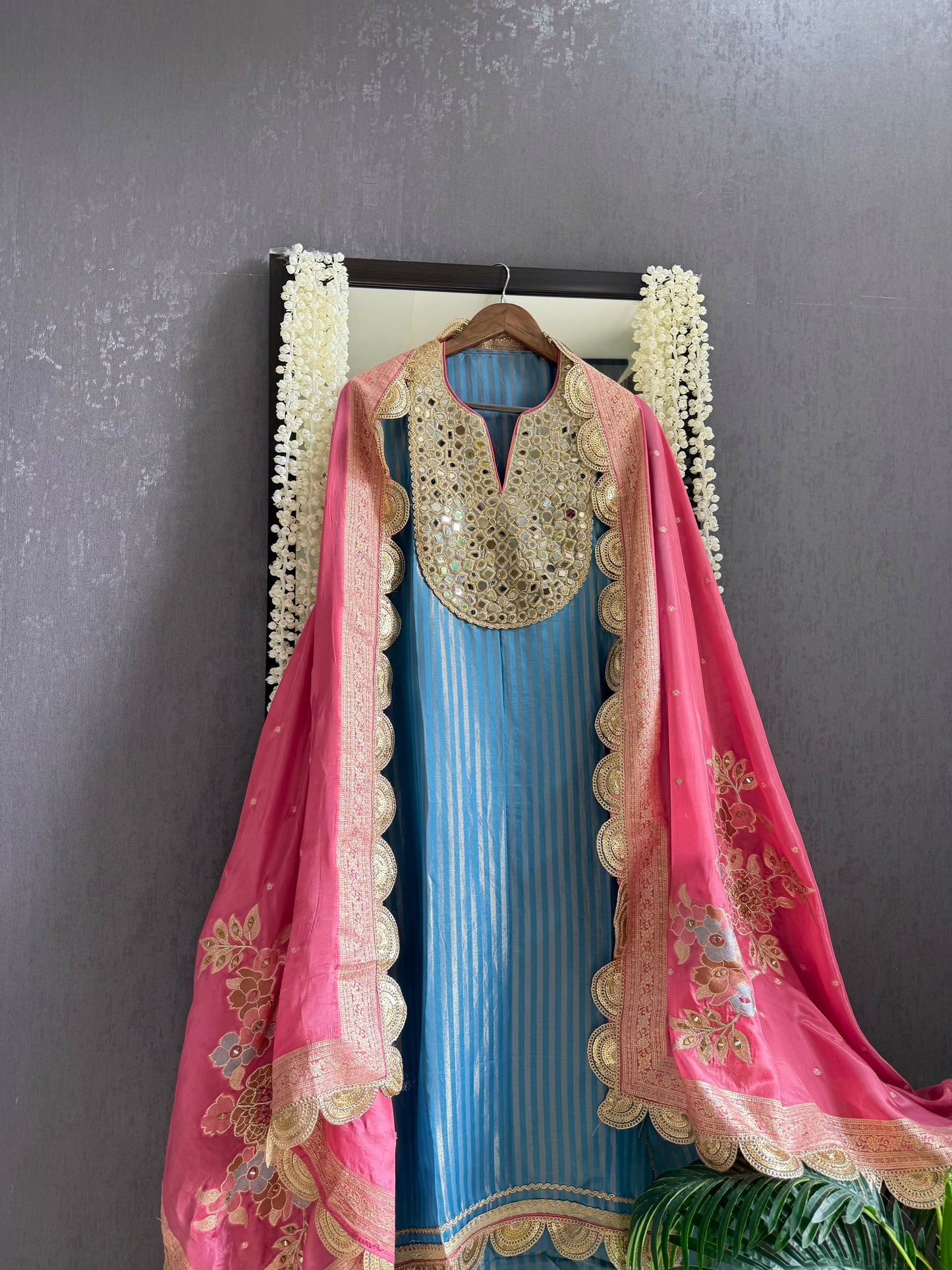 Premium Mirror work tissue benarsi suit