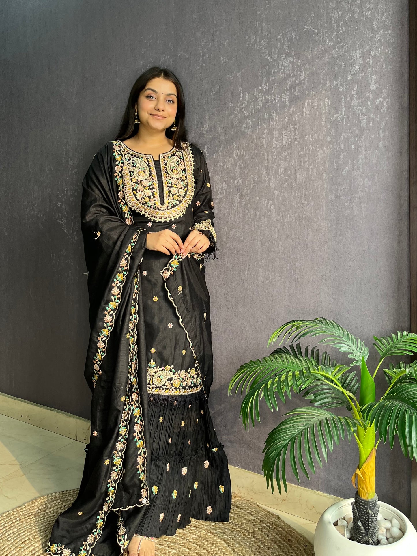 Silk embroidered shrara suit