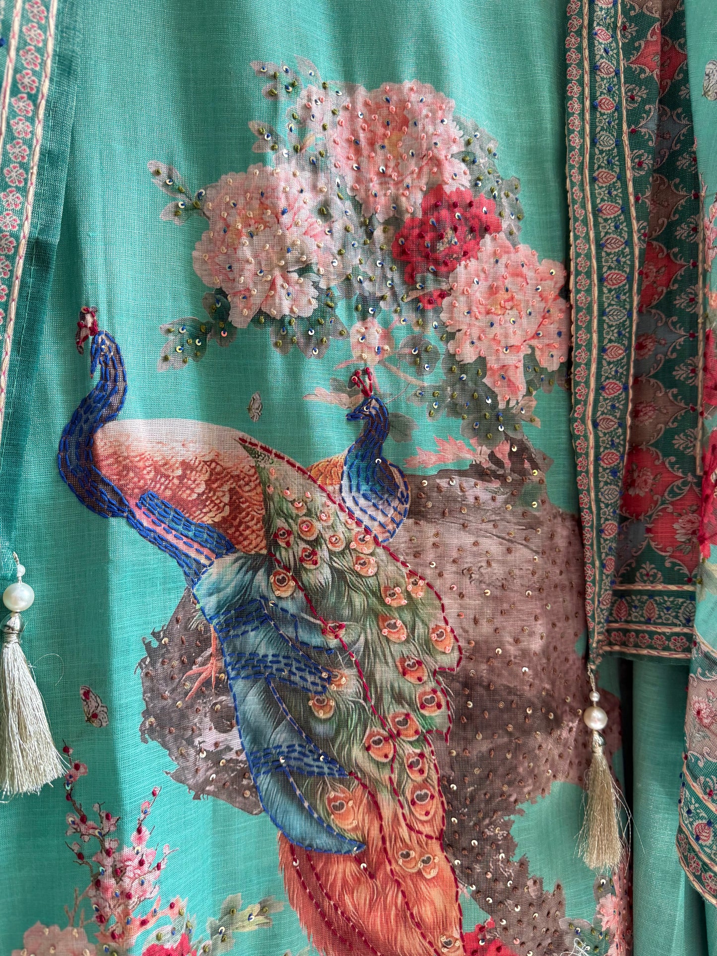 Pure linen peacock kantha work suit