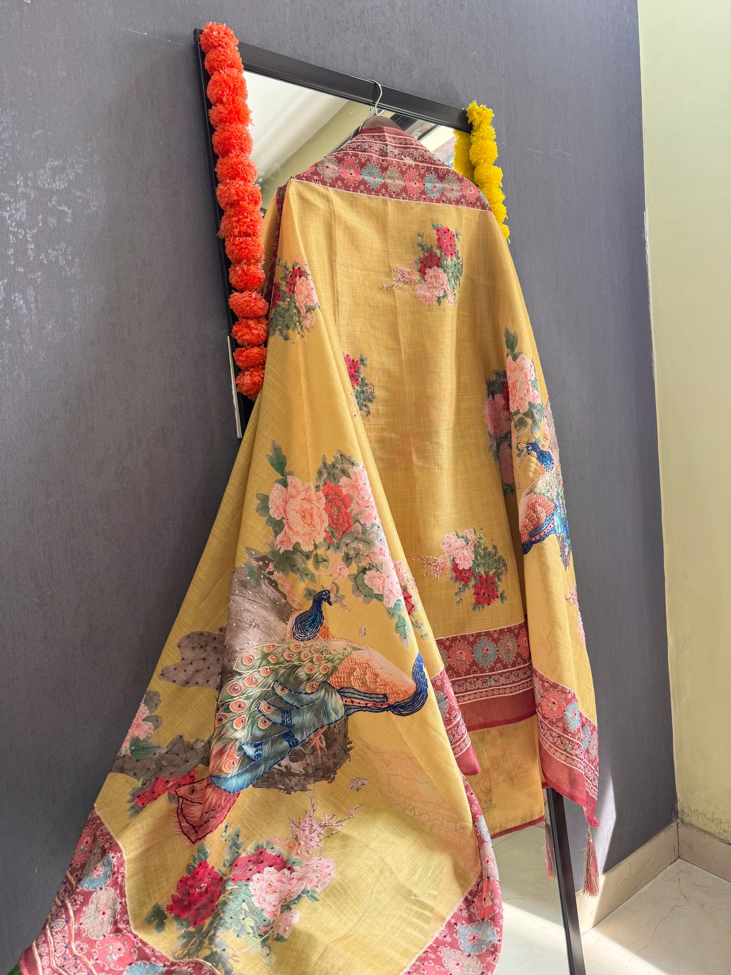 Pure linen peacock kantha work suit