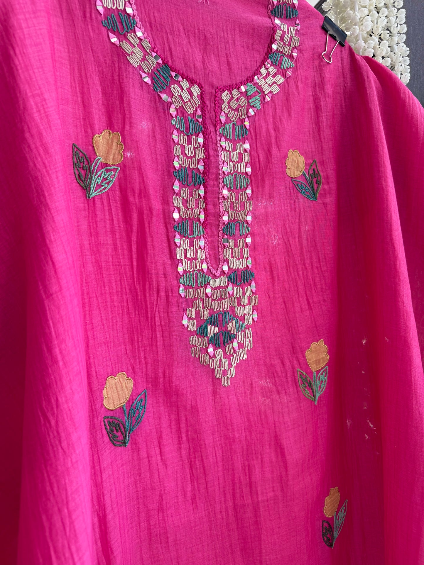 Luxurious Mul chanderi appliqué mirror work suit