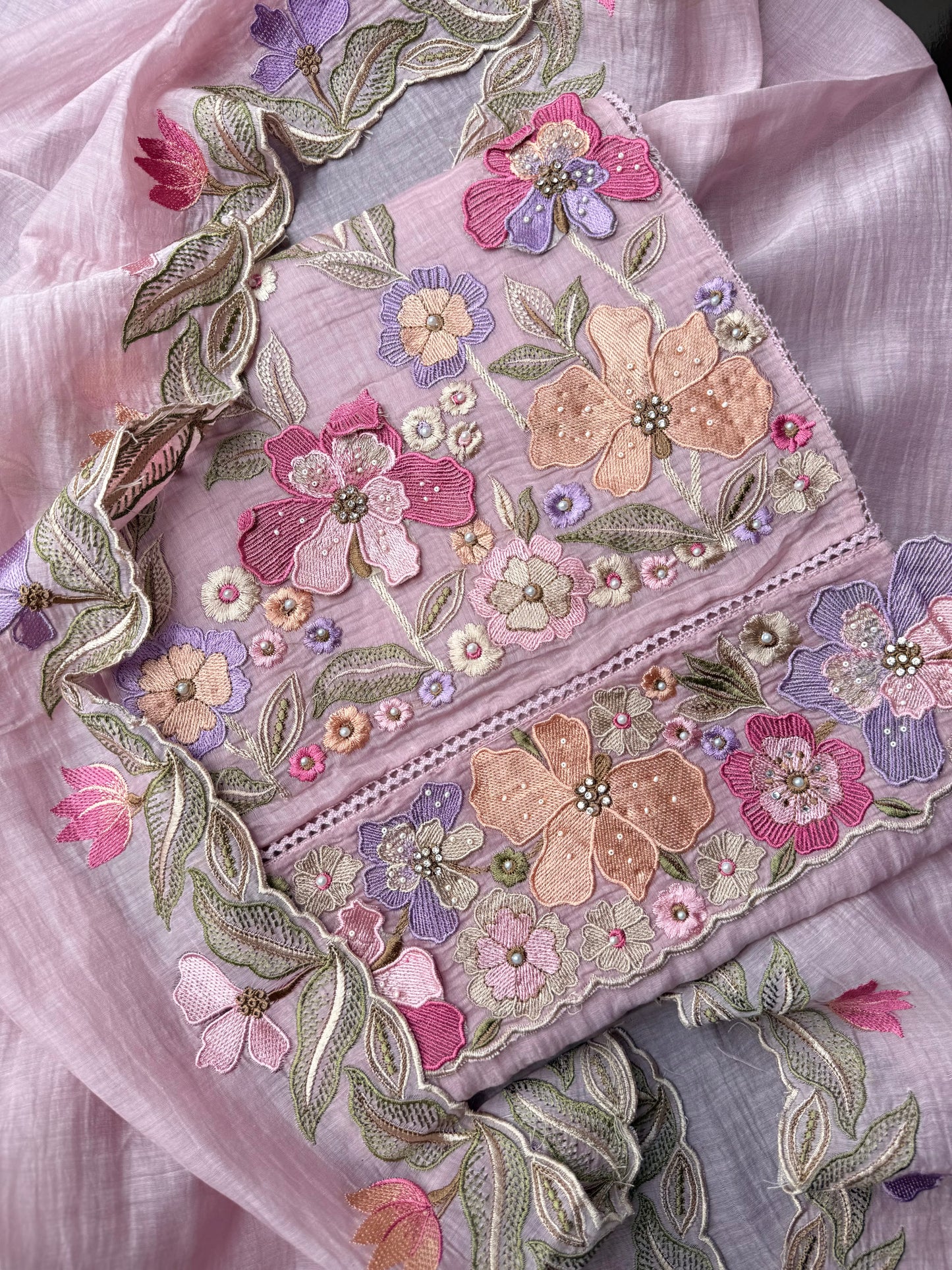 Luxurious Mul chanderi appliqué work floral suit
