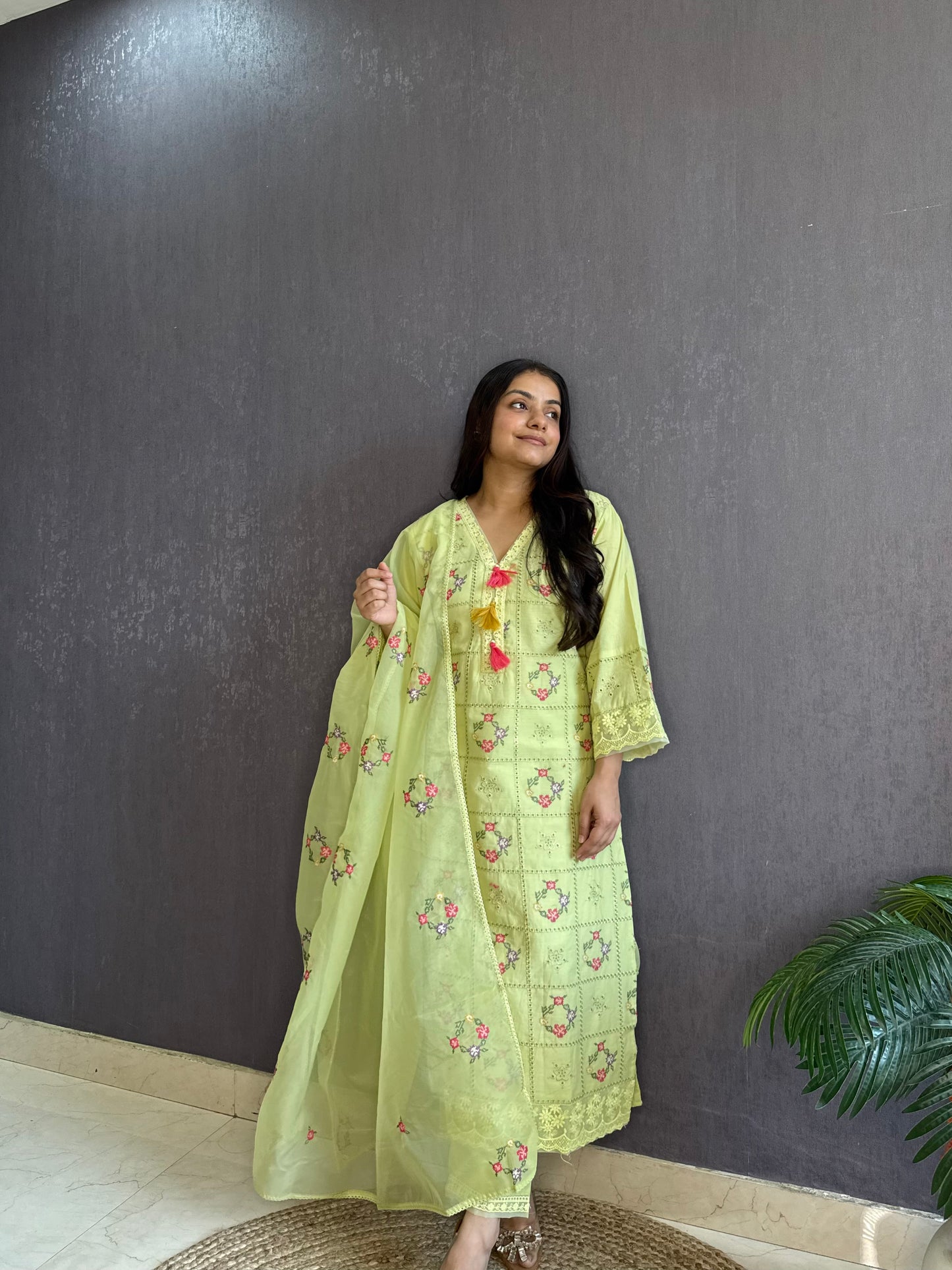 Cotton checked floral designer suit