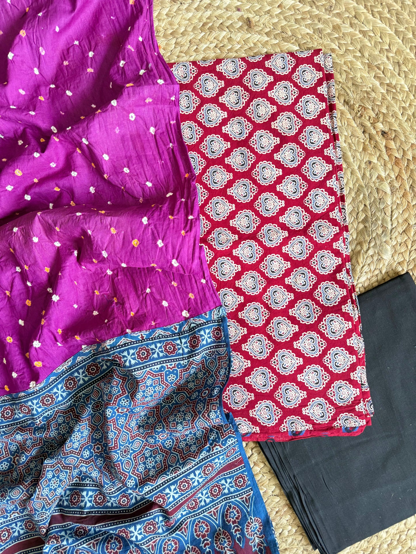 Pure cotton ajrakh bandhani suits