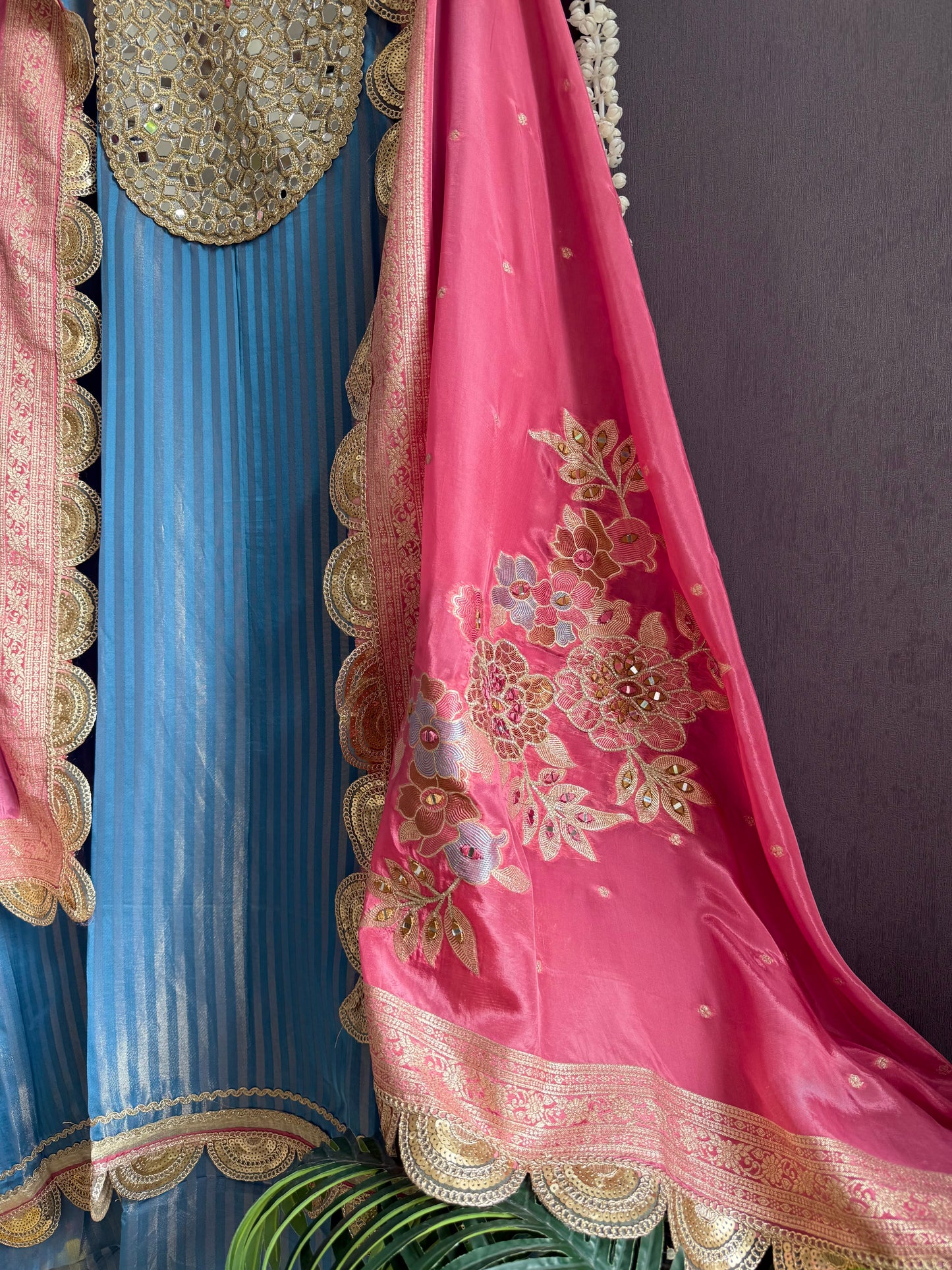 Premium Mirror work tissue benarsi suit