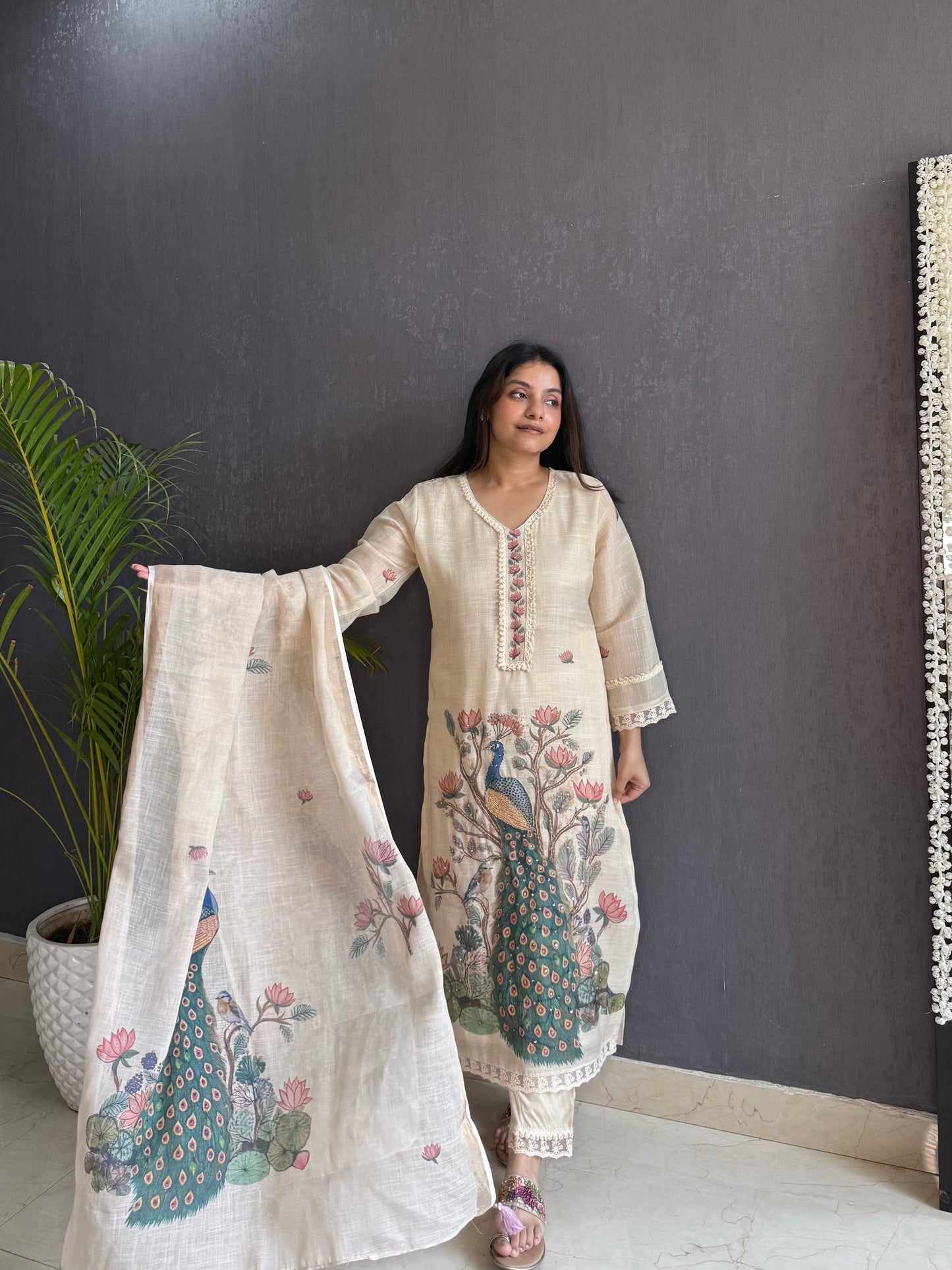 Linen peacock kurta set