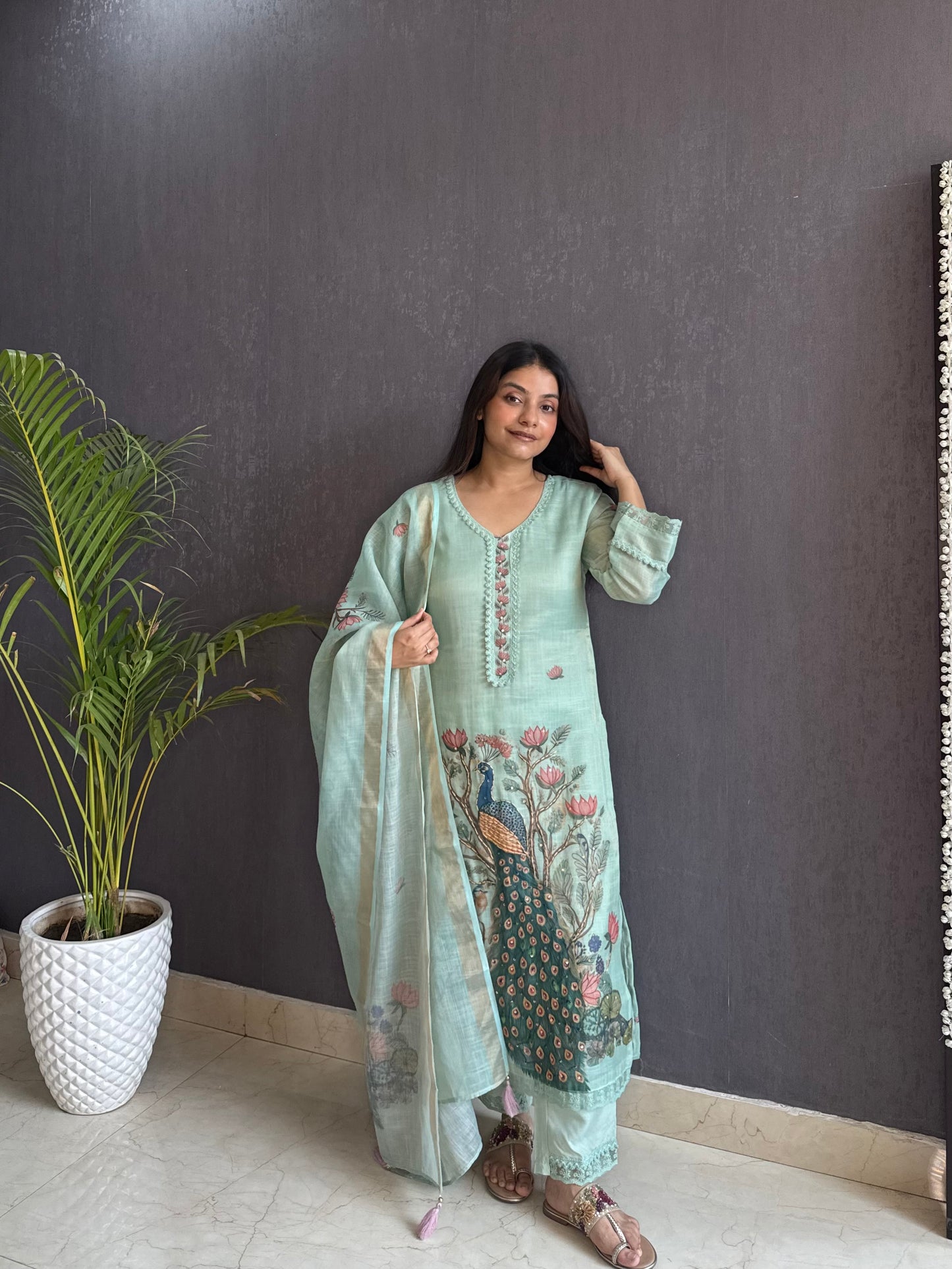Linen peacock kurta set