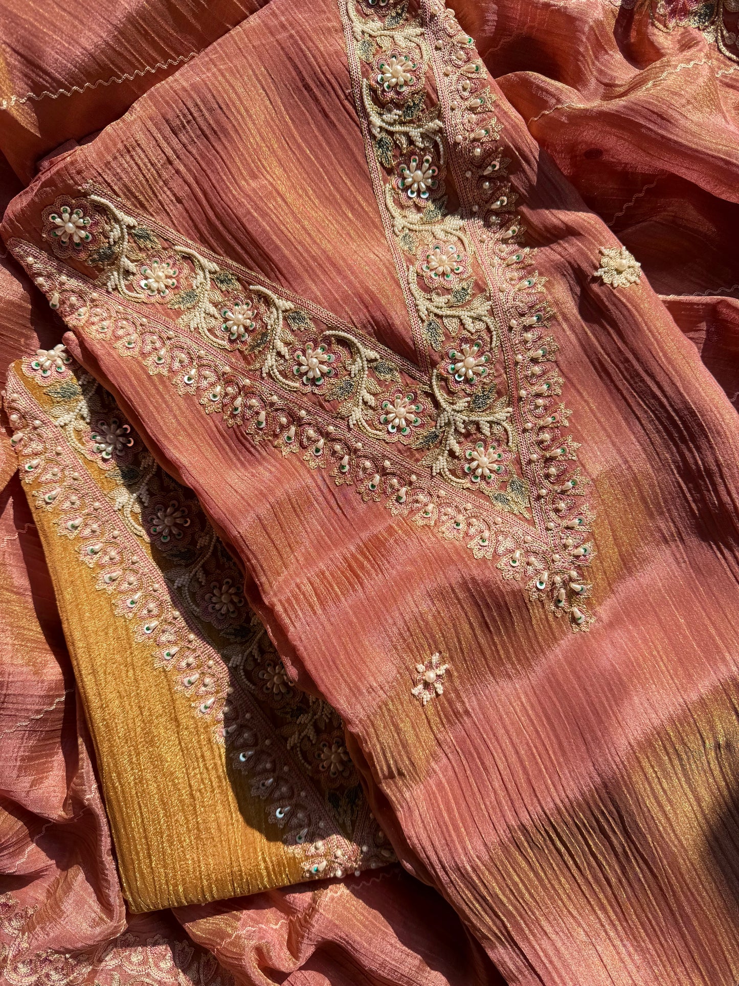 Crush tissue kashmiri aari work suit