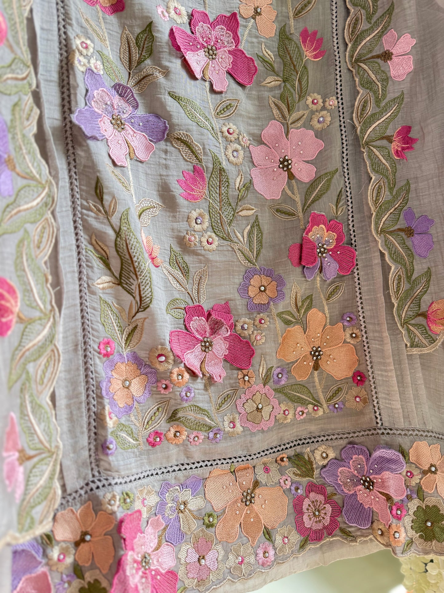 Luxurious Mul chanderi appliqué work floral suit