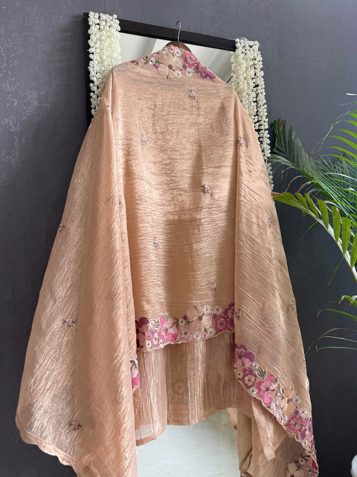 Luxurious Mul chanderi appliqué work floral suit