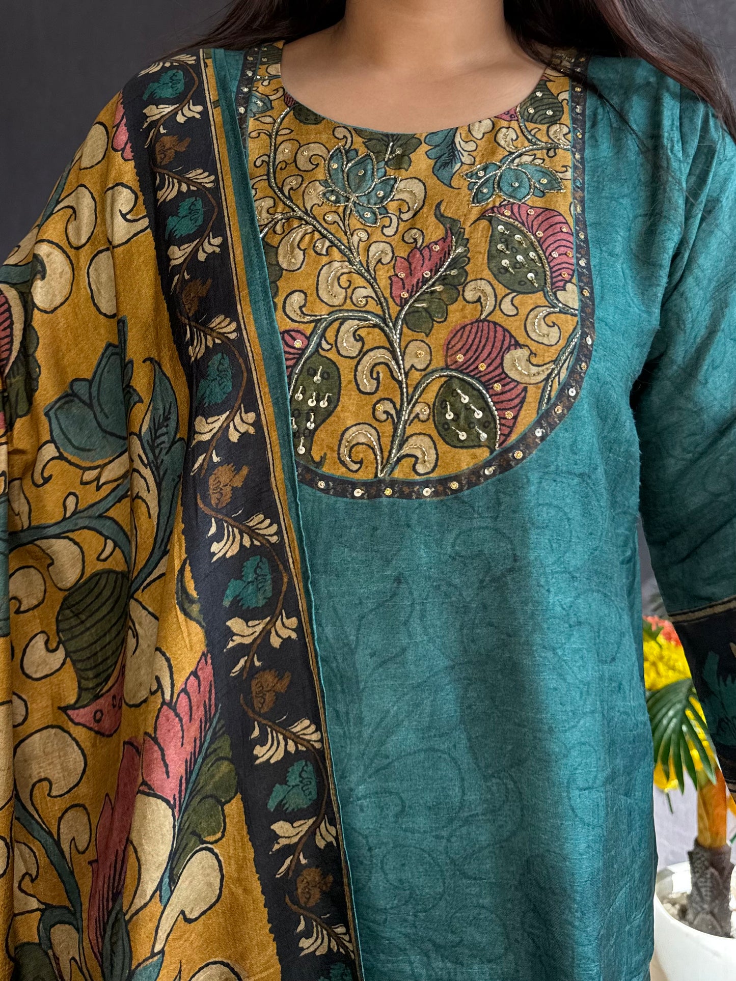 Tussar kalamkari lotus suit set
