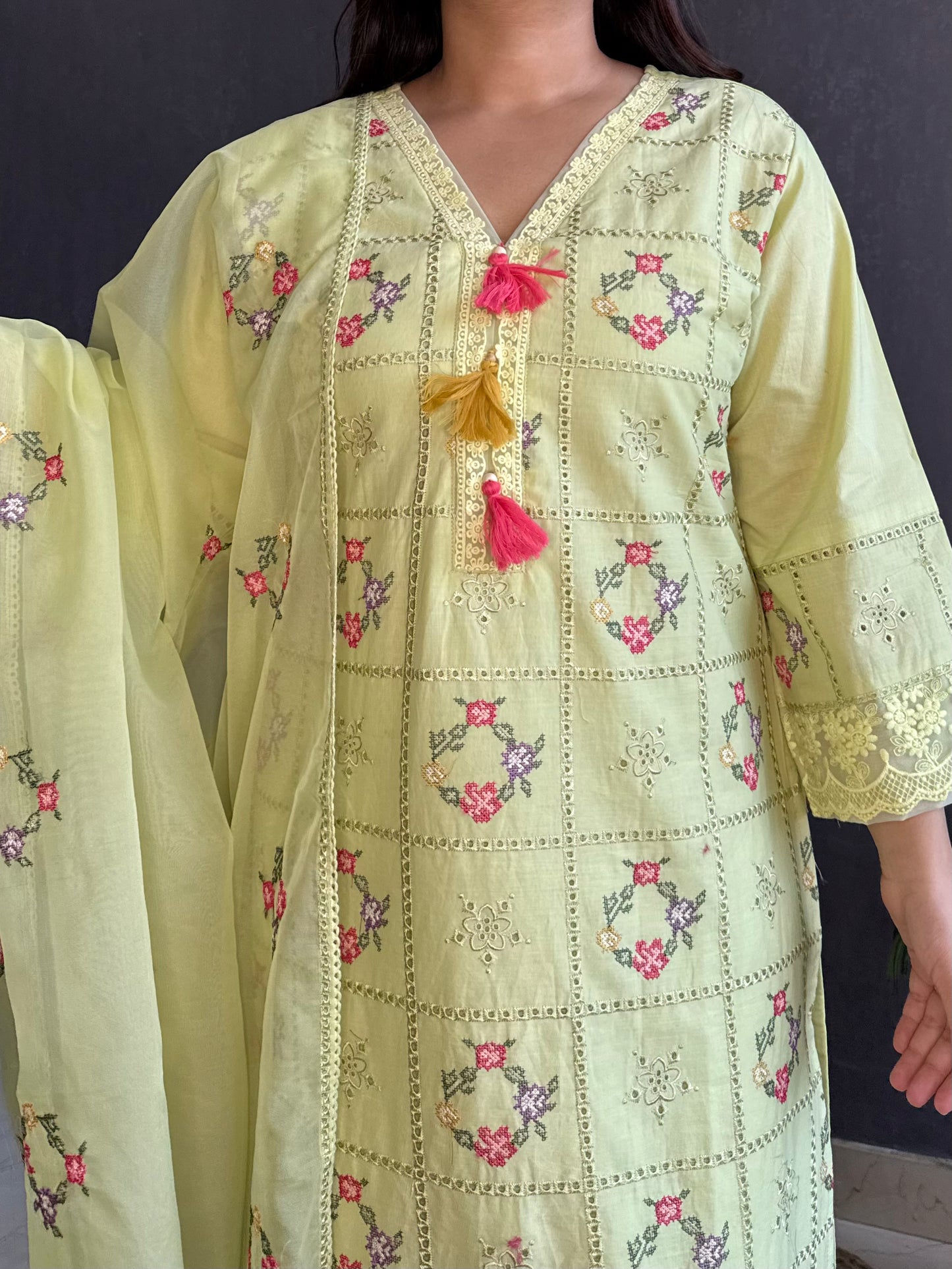 Cotton checked floral designer suit