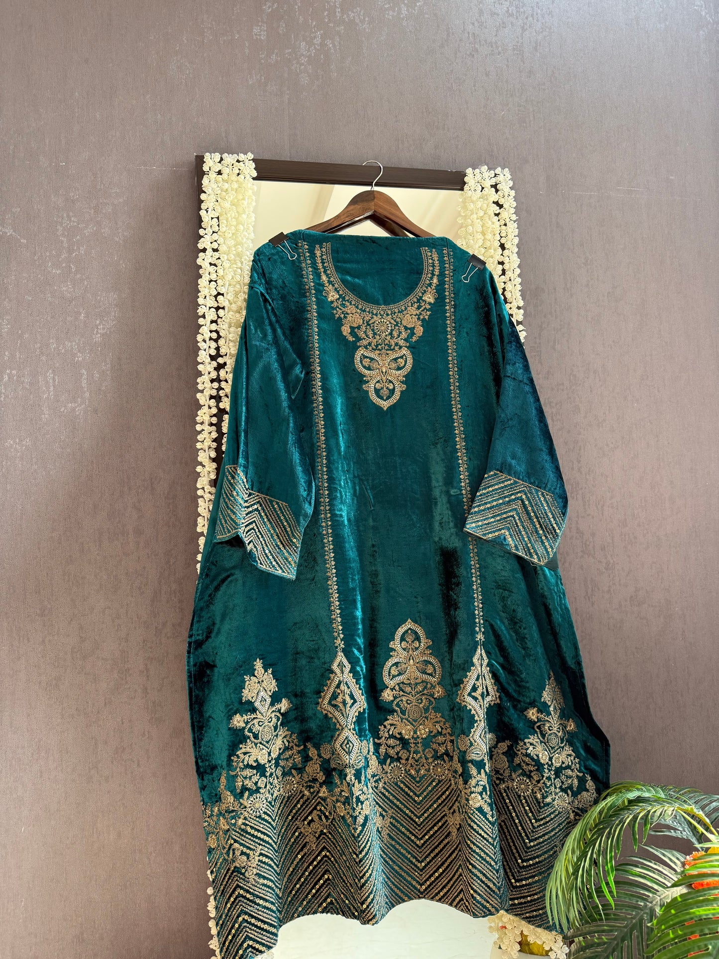 Velvet Marori Aari work Anarkali suit