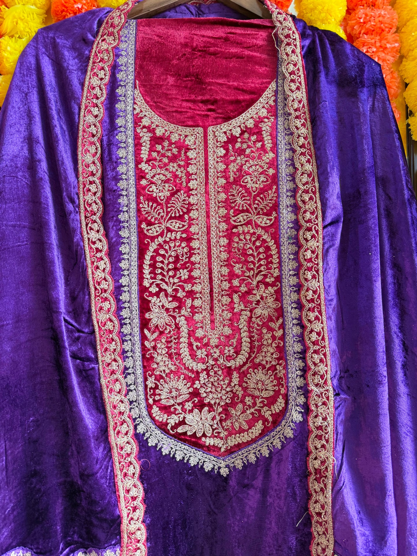 Velvet Front back Marori Aari work suit