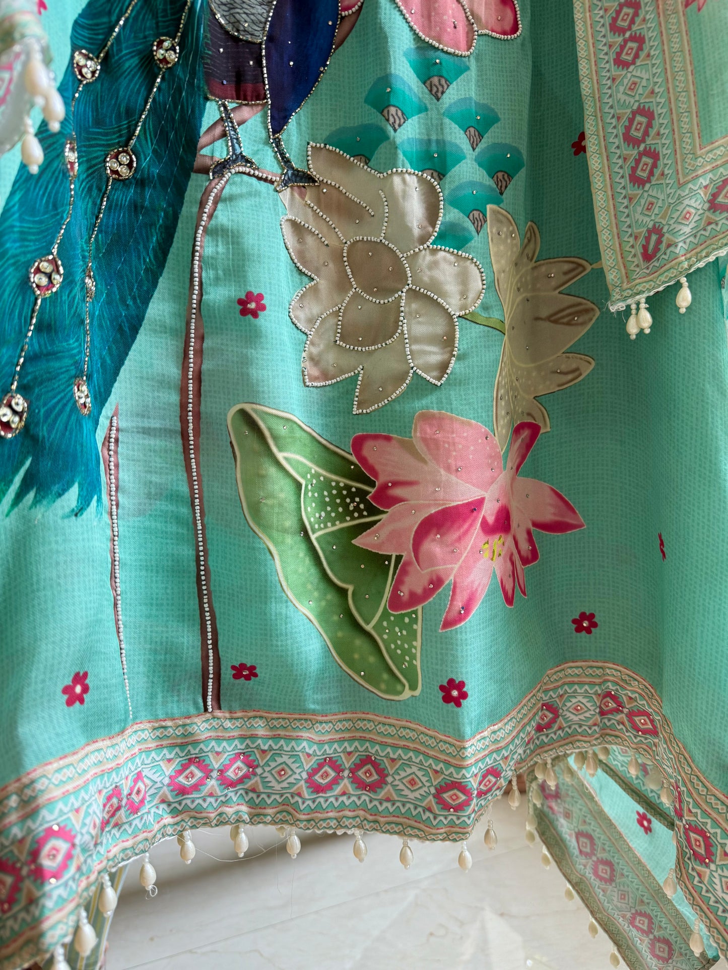 Soft silk peacock hand work suit