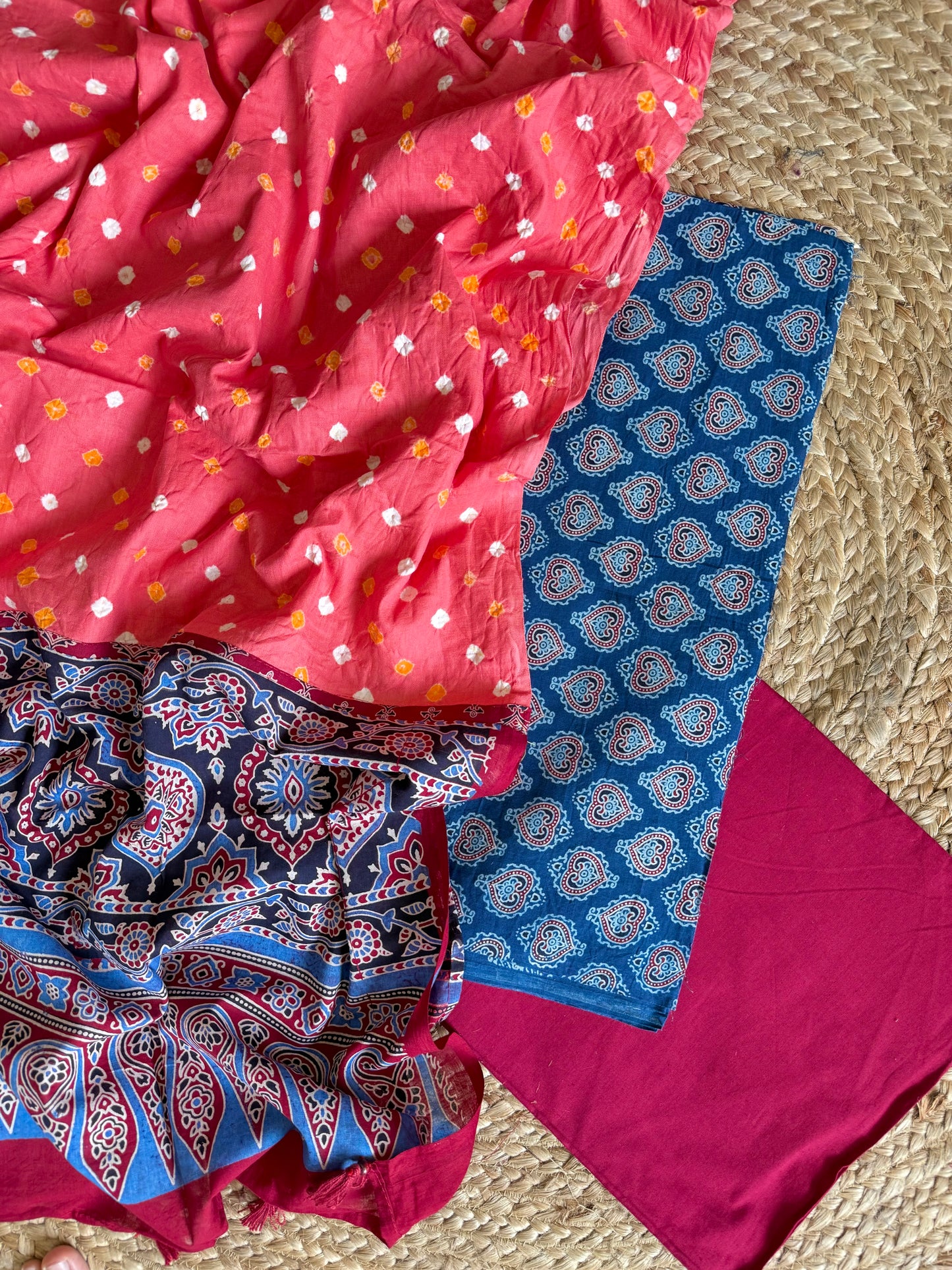Pure cotton ajrakh bandhani suits