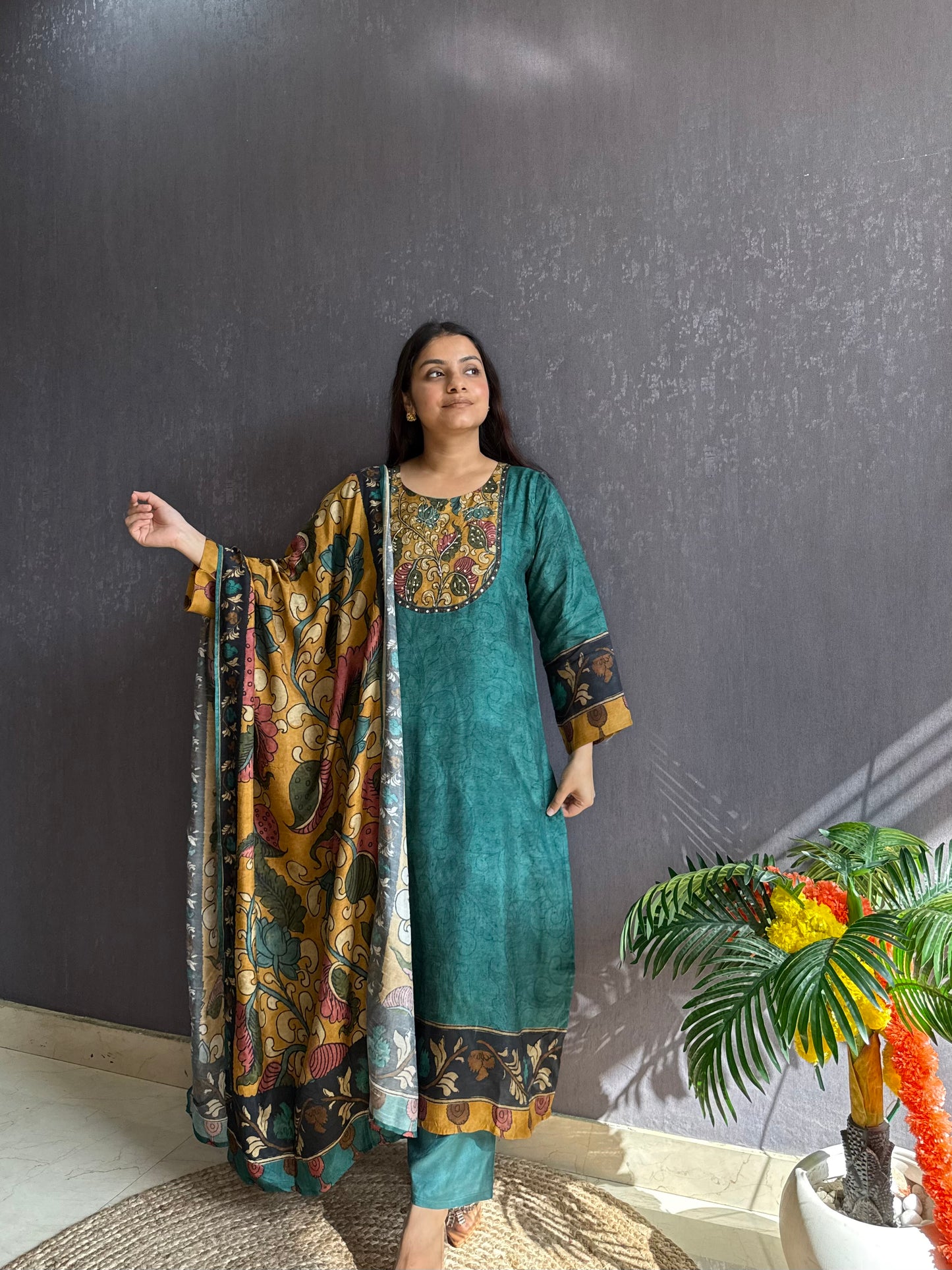 Tussar kalamkari lotus suit set