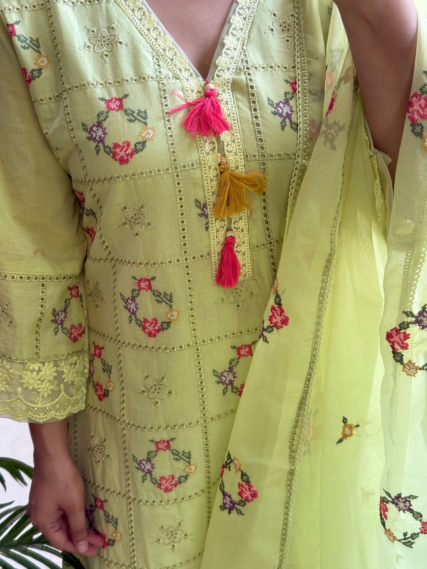 Cotton checked floral designer suit