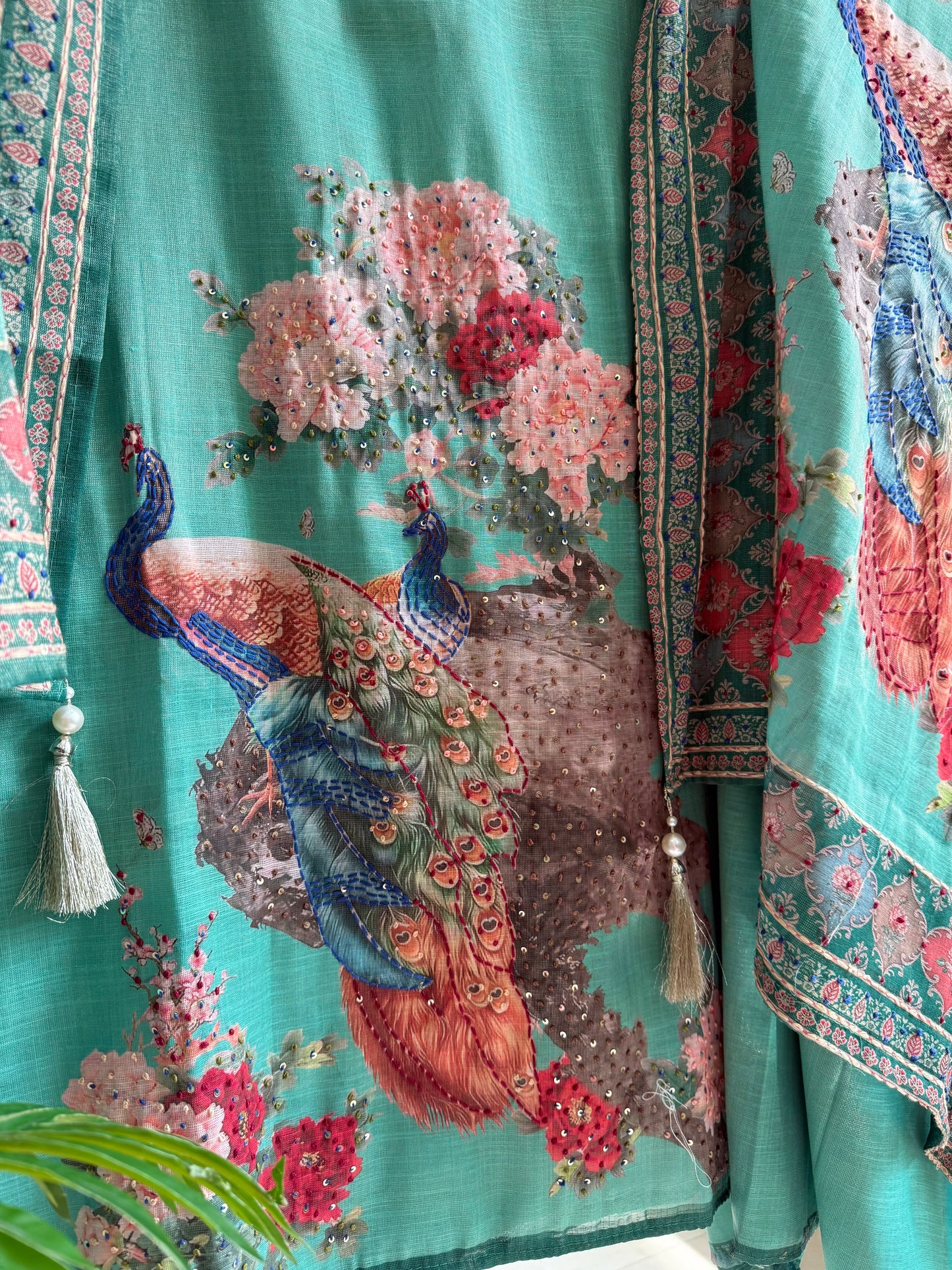 Pure linen peacock kantha work suit