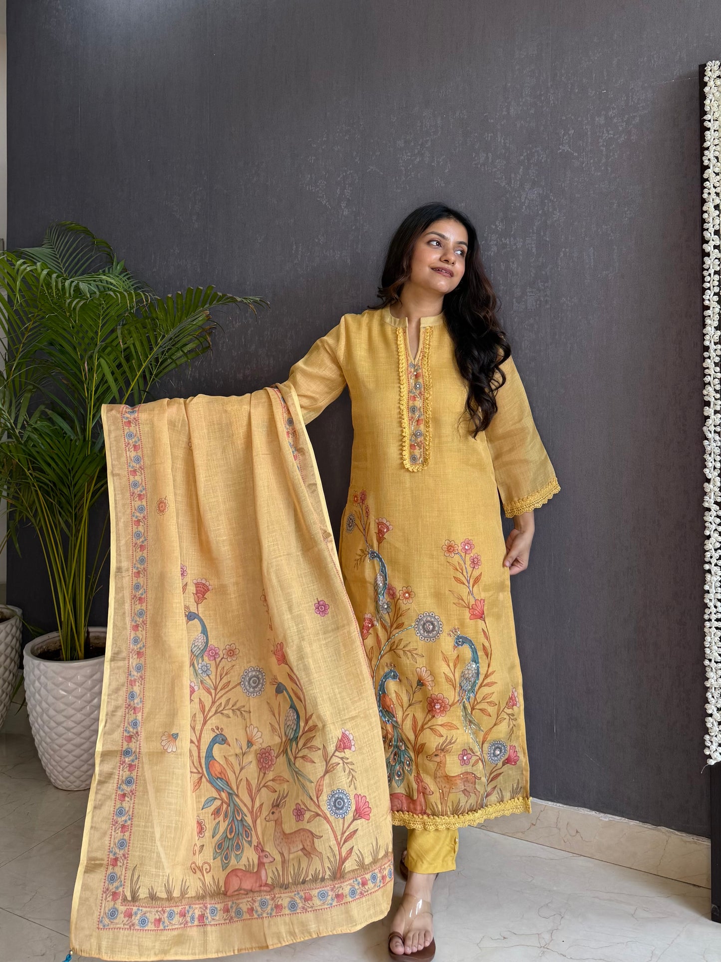 Linen peacock deer kurta set