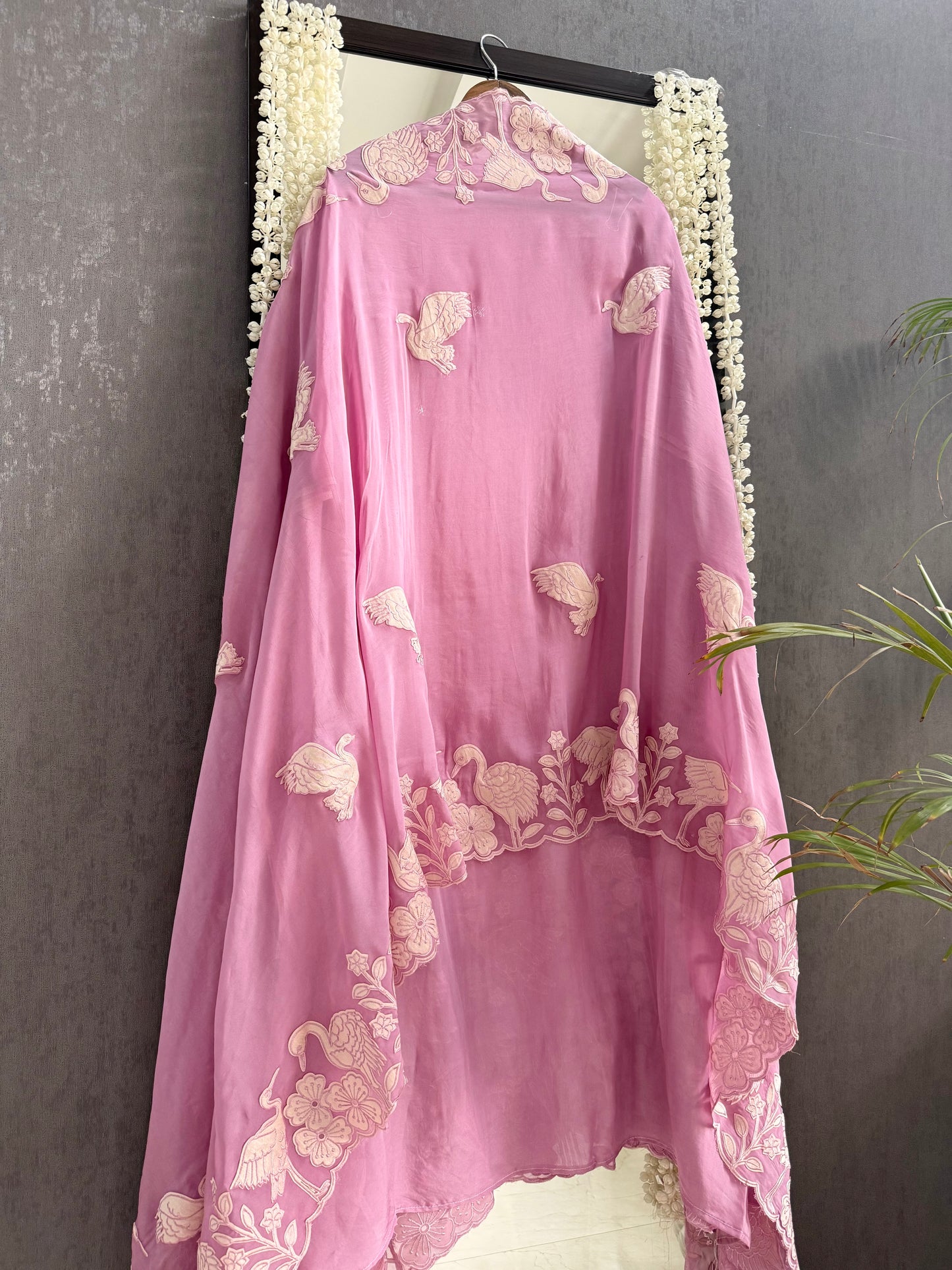 Organza appliqué work flamingos suit