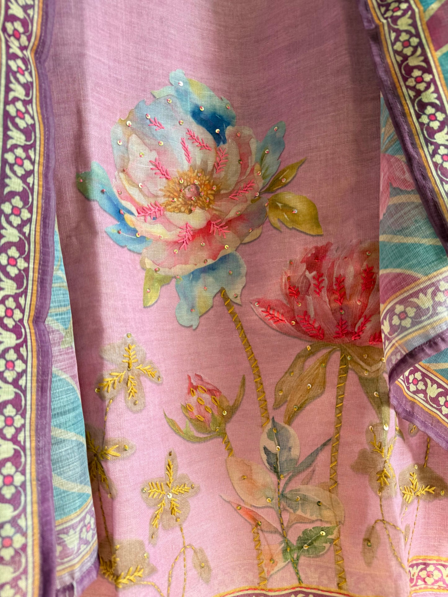 Pure linen lotus kantha work suit