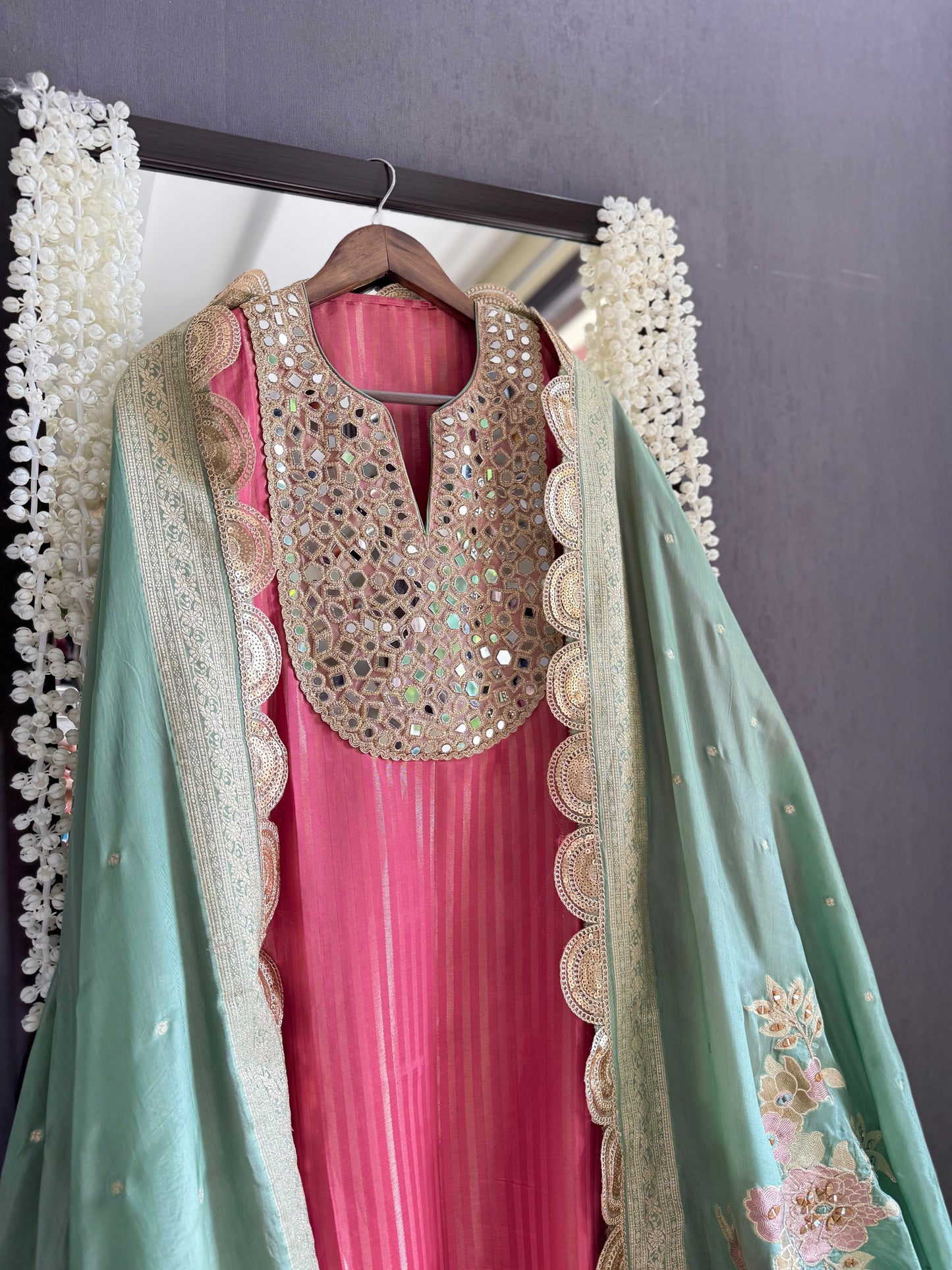 Premium Mirror work tissue benarsi suit