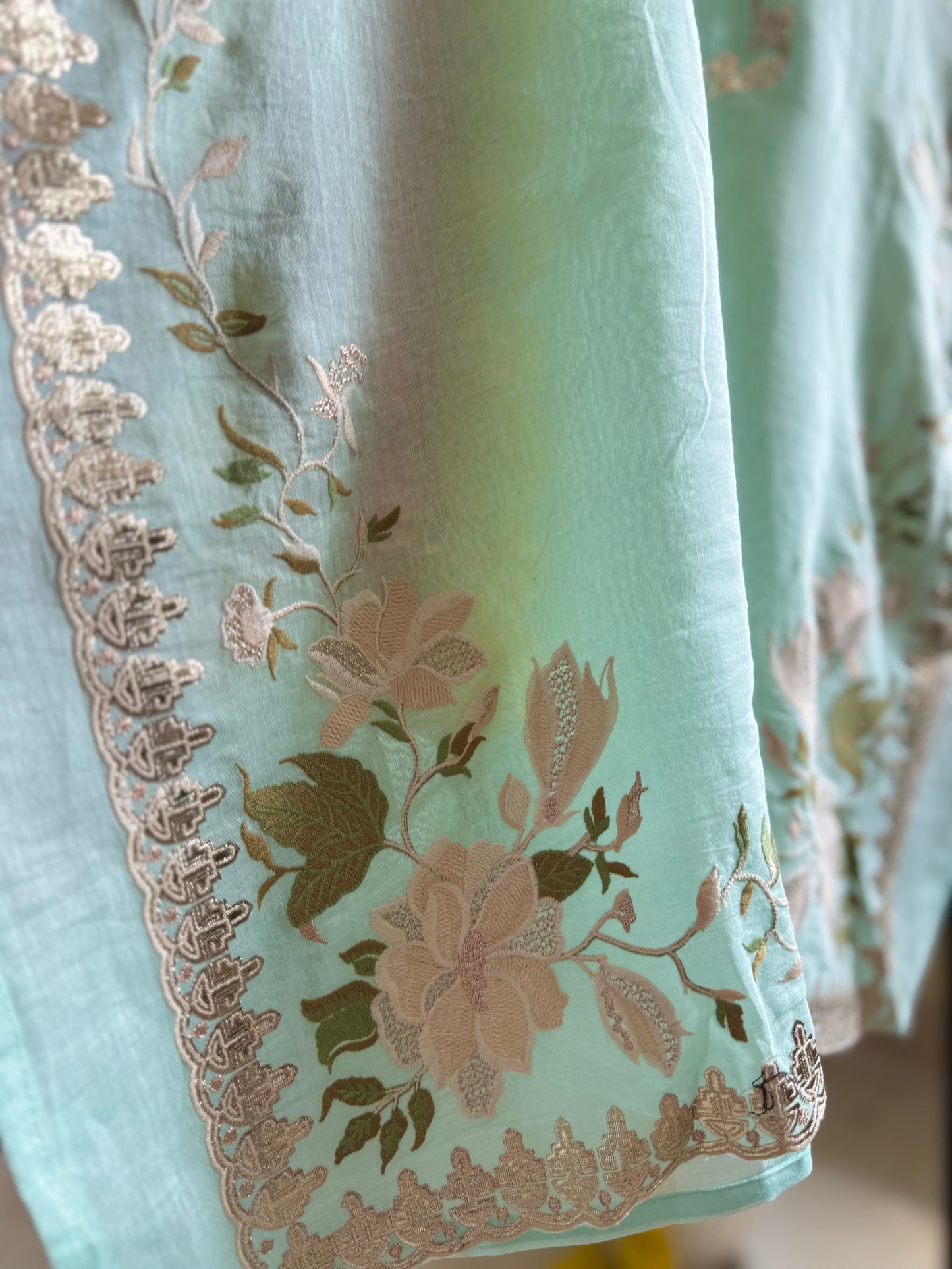 Luxurious Mul chanderi gold appliqué work suit