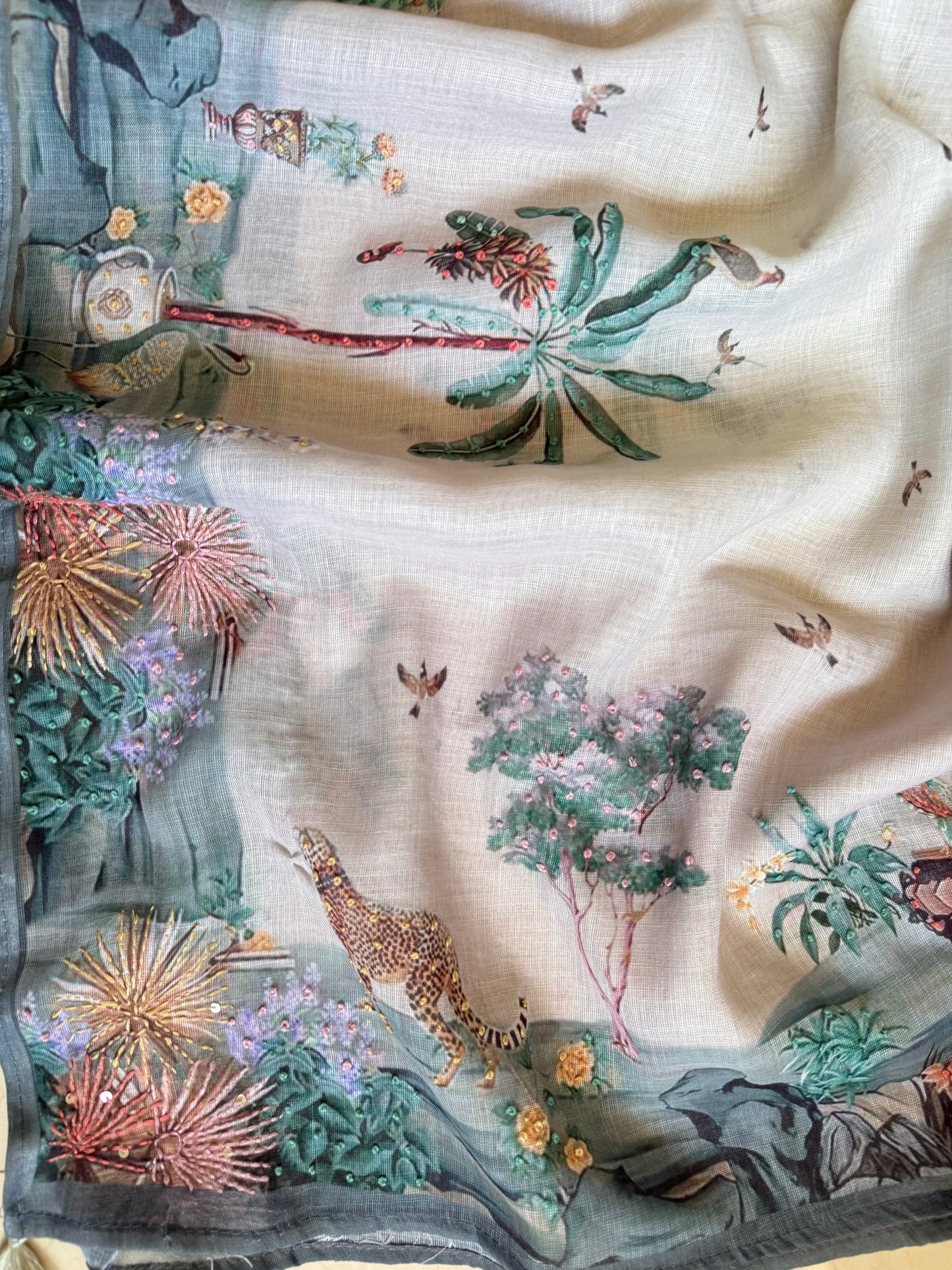 Pure linen frenchknot kantha work suit