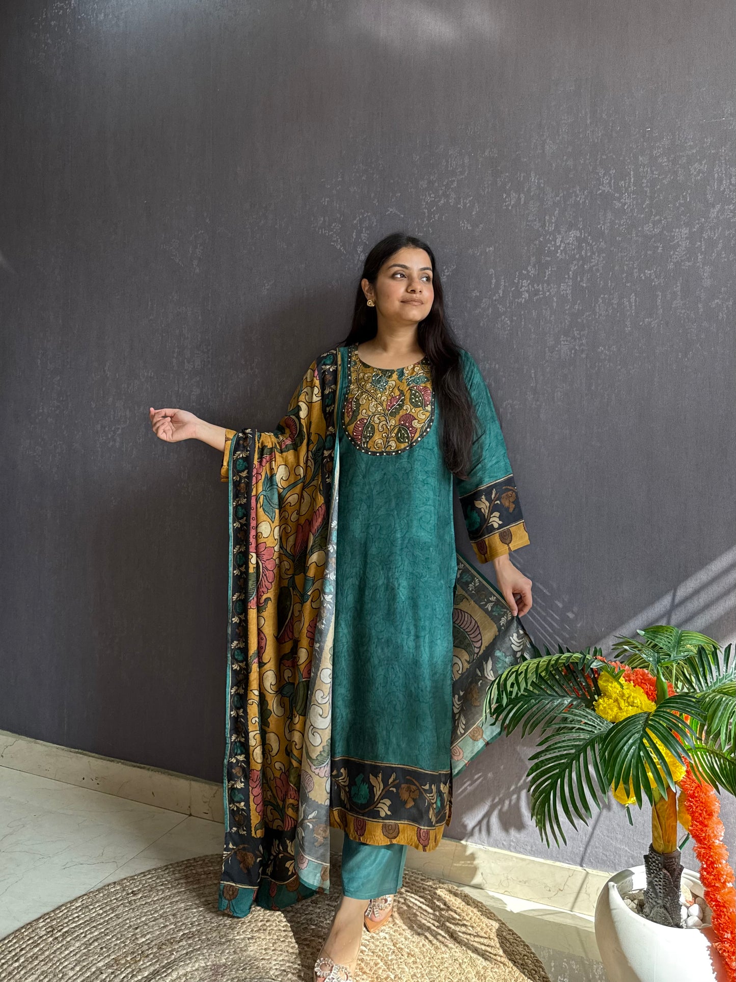 Tussar kalamkari lotus suit set