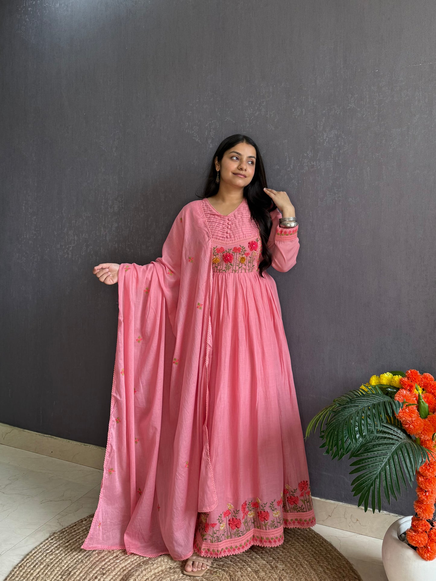 Mal cotton roses embroidered french knot Anarkali