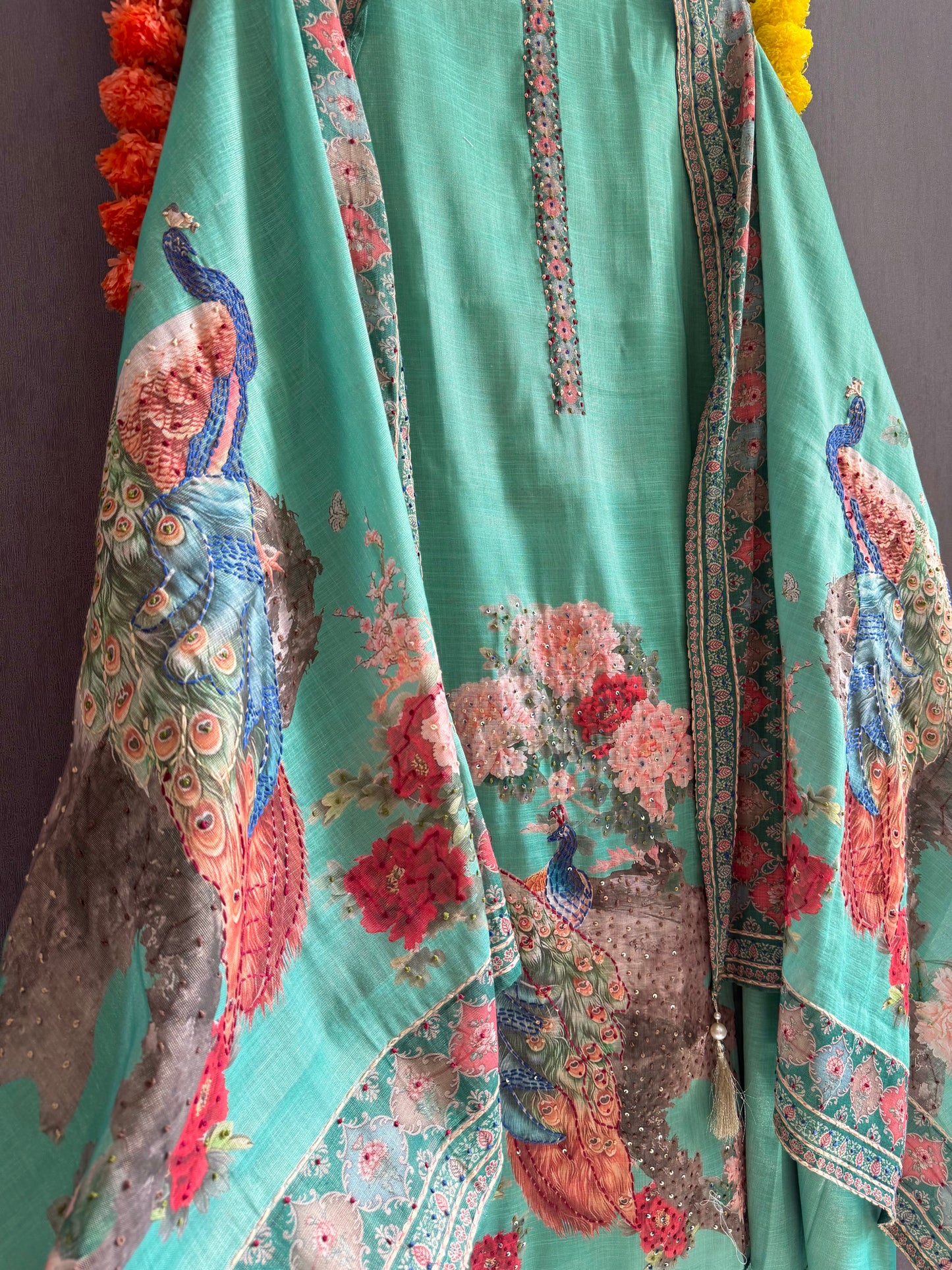 Pure linen peacock kantha work suit