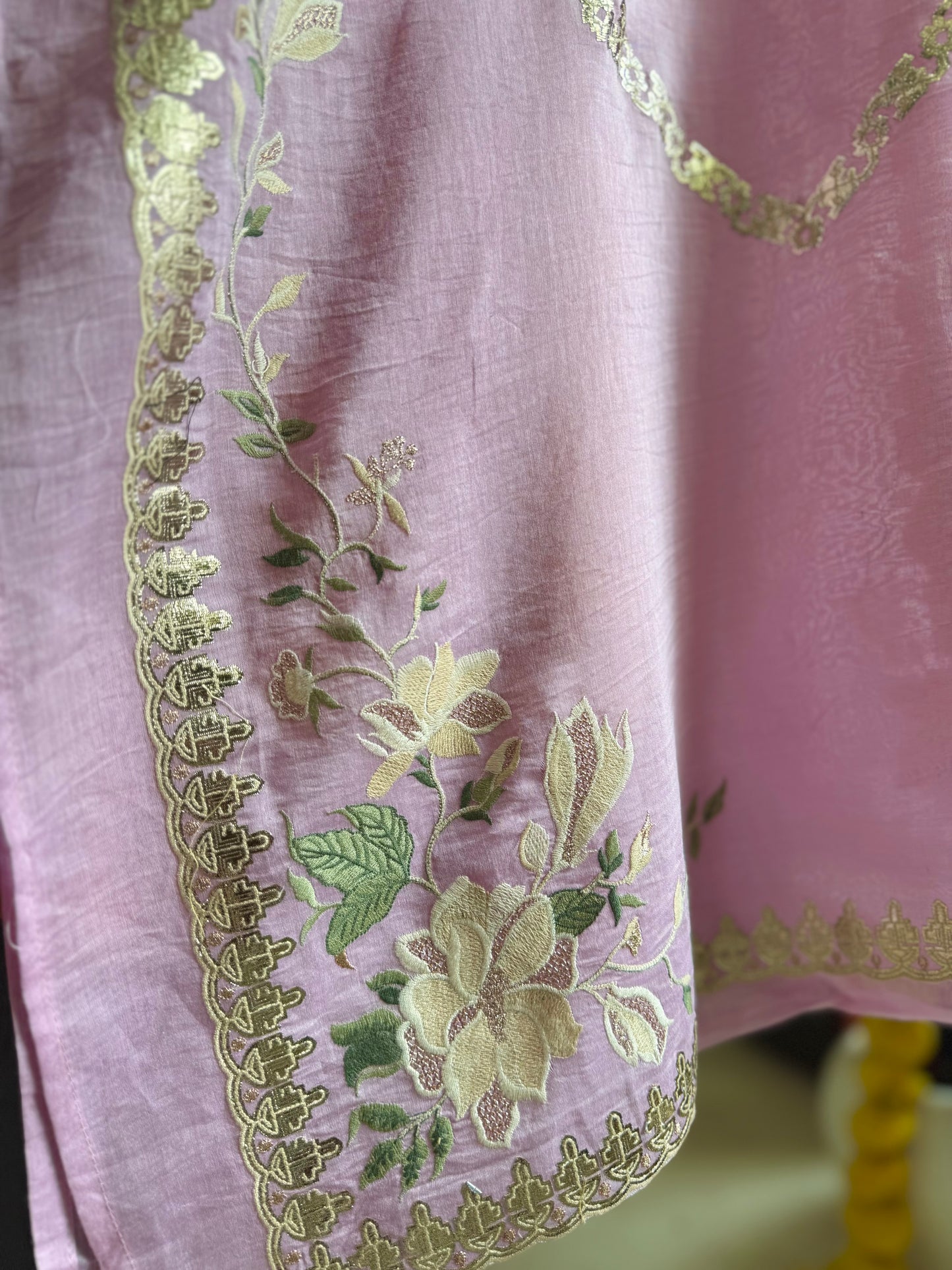 Luxurious Mul chanderi gold appliqué work suit