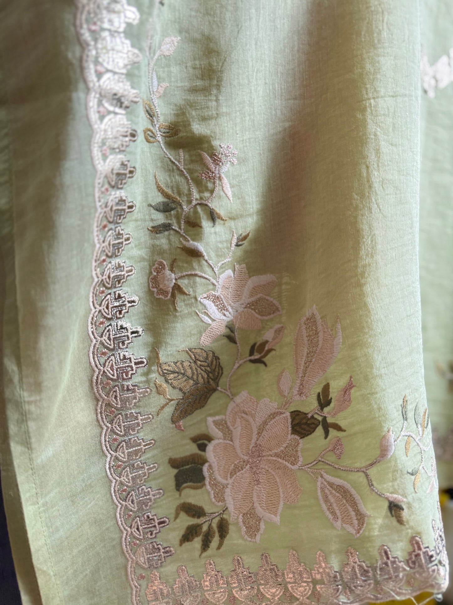 Luxurious Mul chanderi gold appliqué work suit