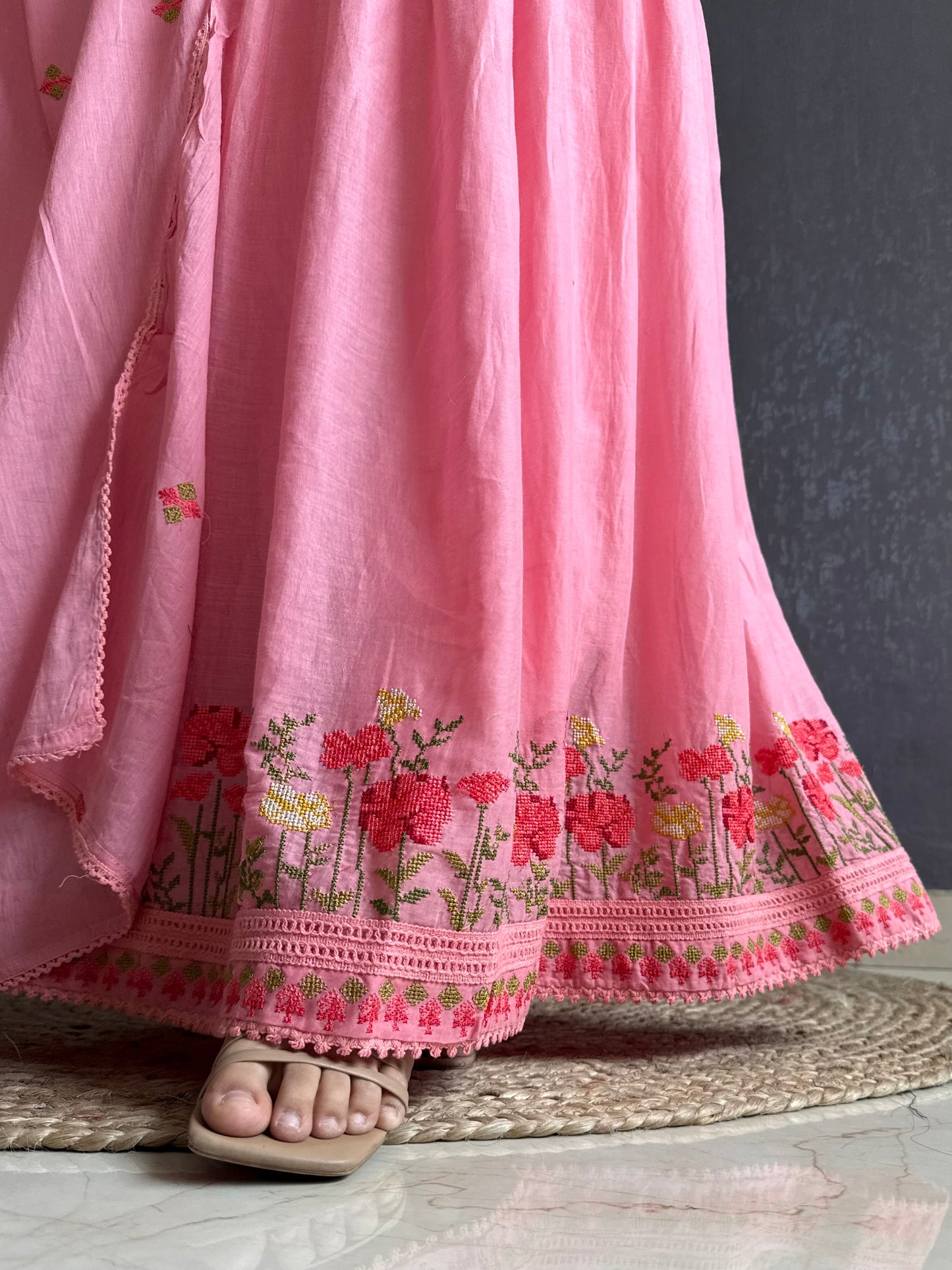 Mal cotton roses embroidered french knot Anarkali