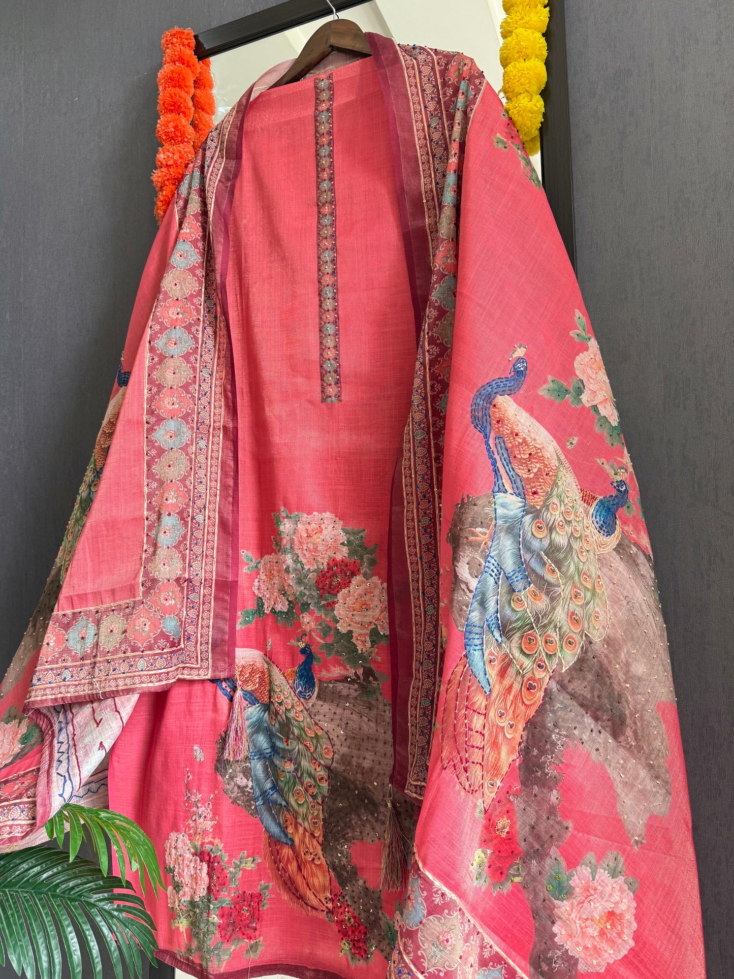 Pure linen peacock kantha work suit