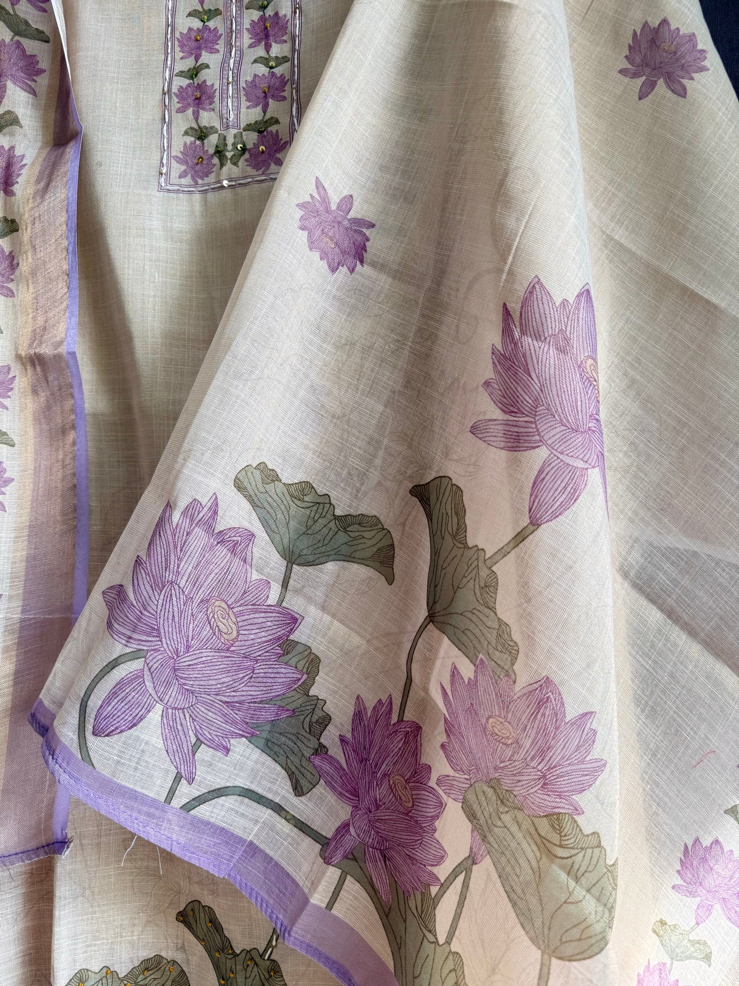 Pure linen lotus kantha work suit