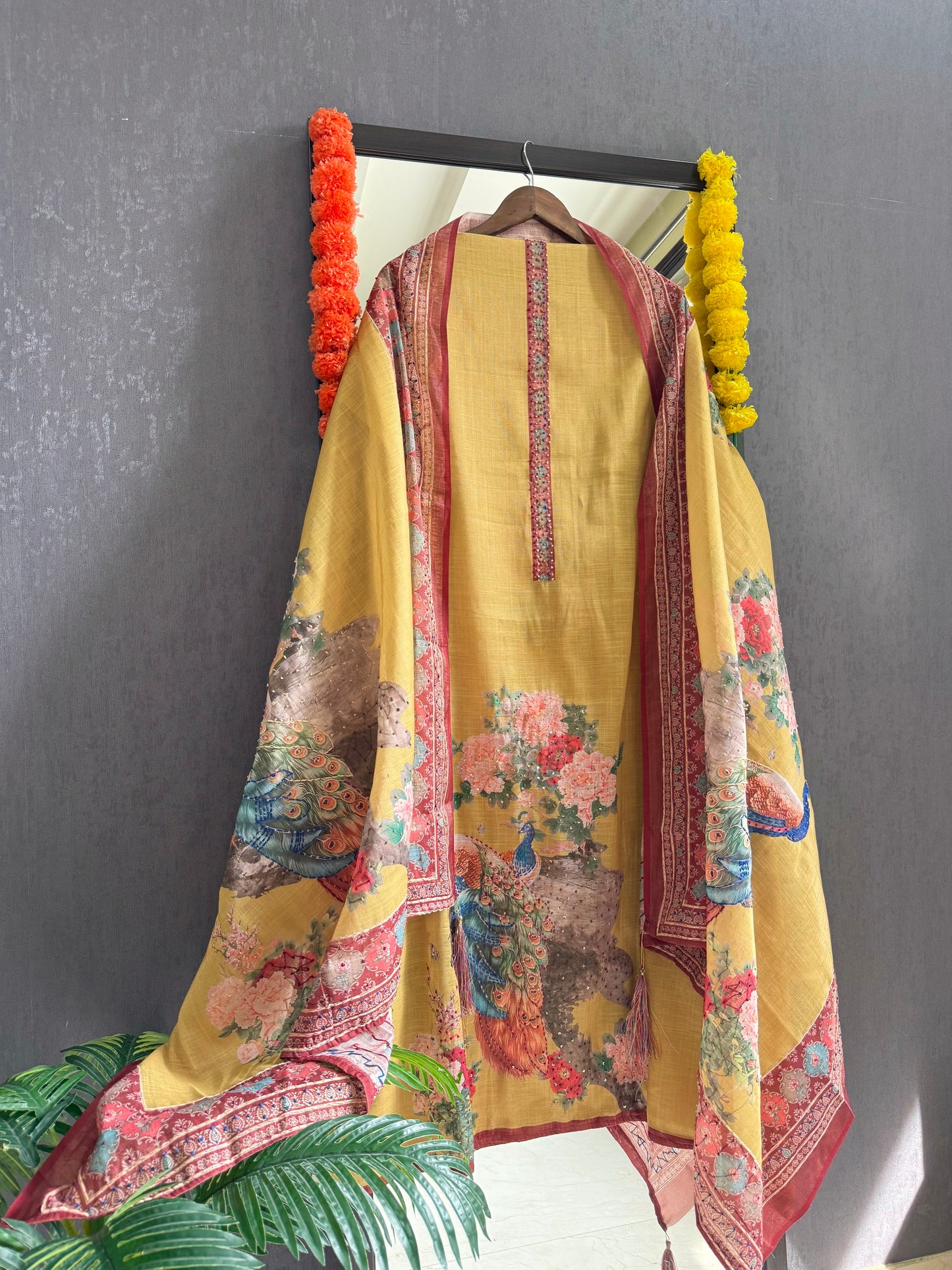 Pure linen peacock kantha work suit